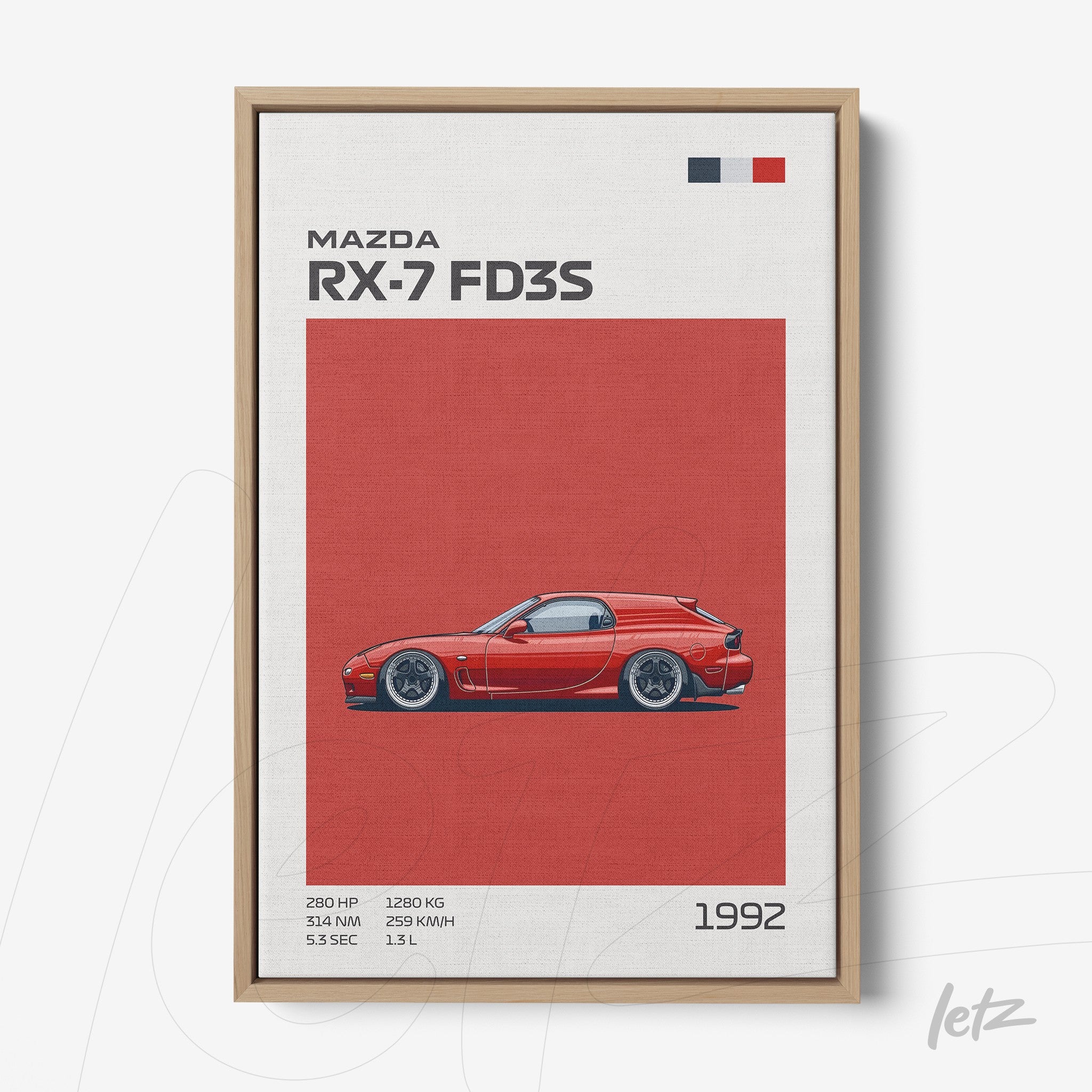 quadro com arte ilustrativa do carro Mazda RX-7 FD3S em fundo vermelho e moldura de madeira clara
