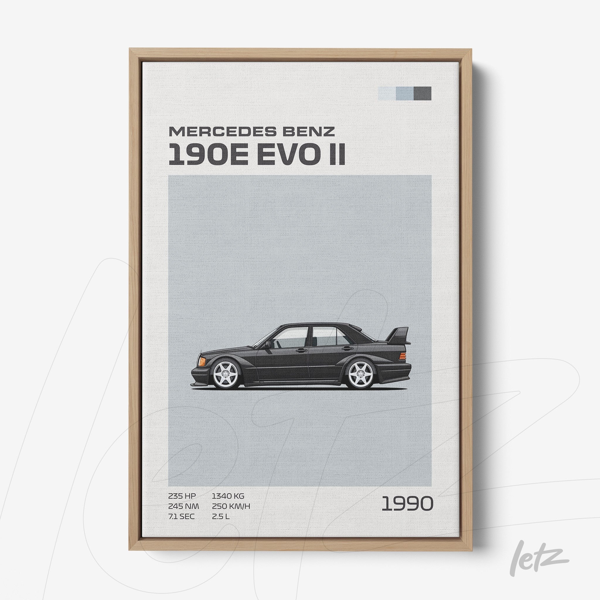 quadro em moldura de madeira clara com ilustração do carro Mercedes Benz 190E EVO II em fundo cinza e detalhes técnicos ao lado