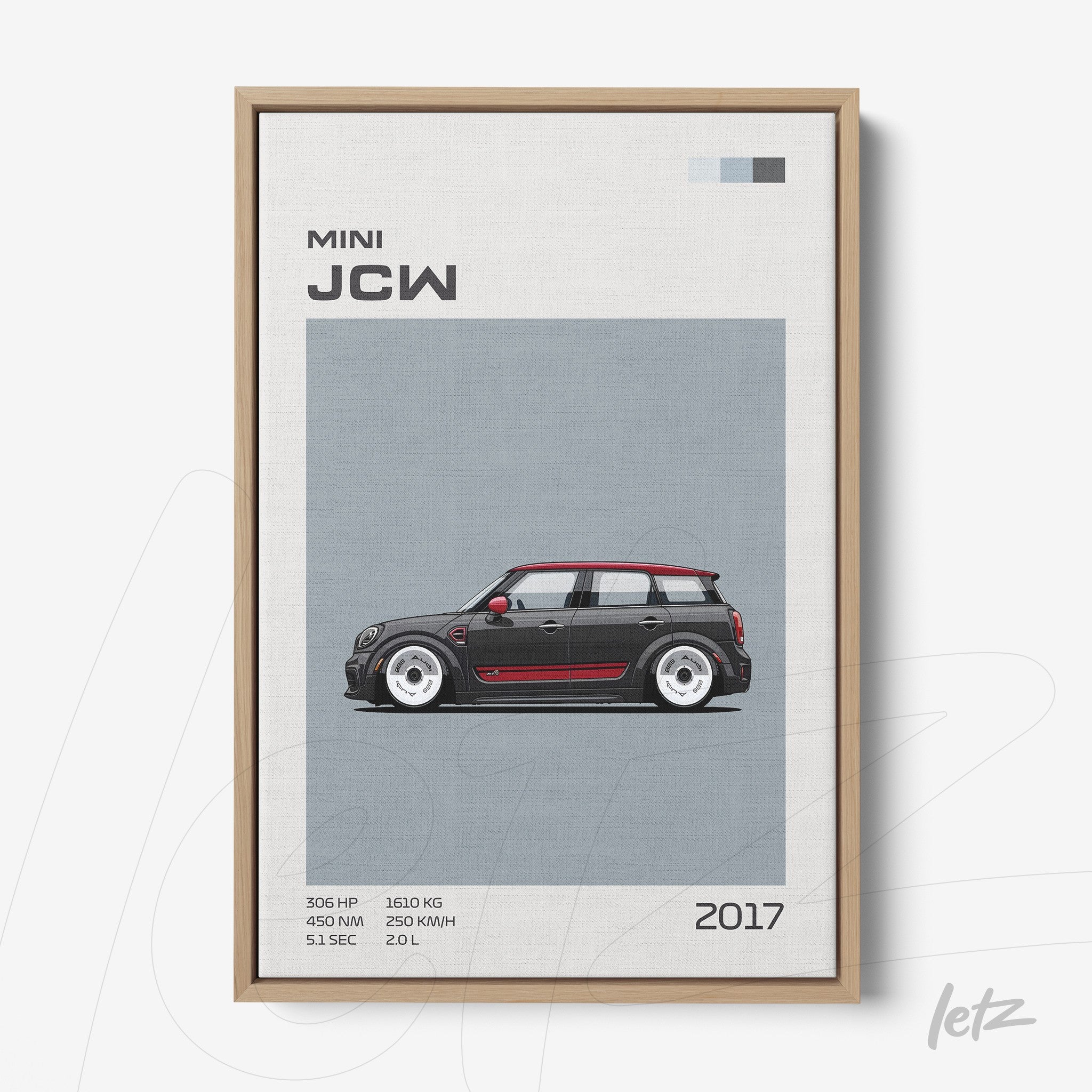 quadro em tela com arte de carro Mini JCW em fundo cinza, moldura de madeira clara