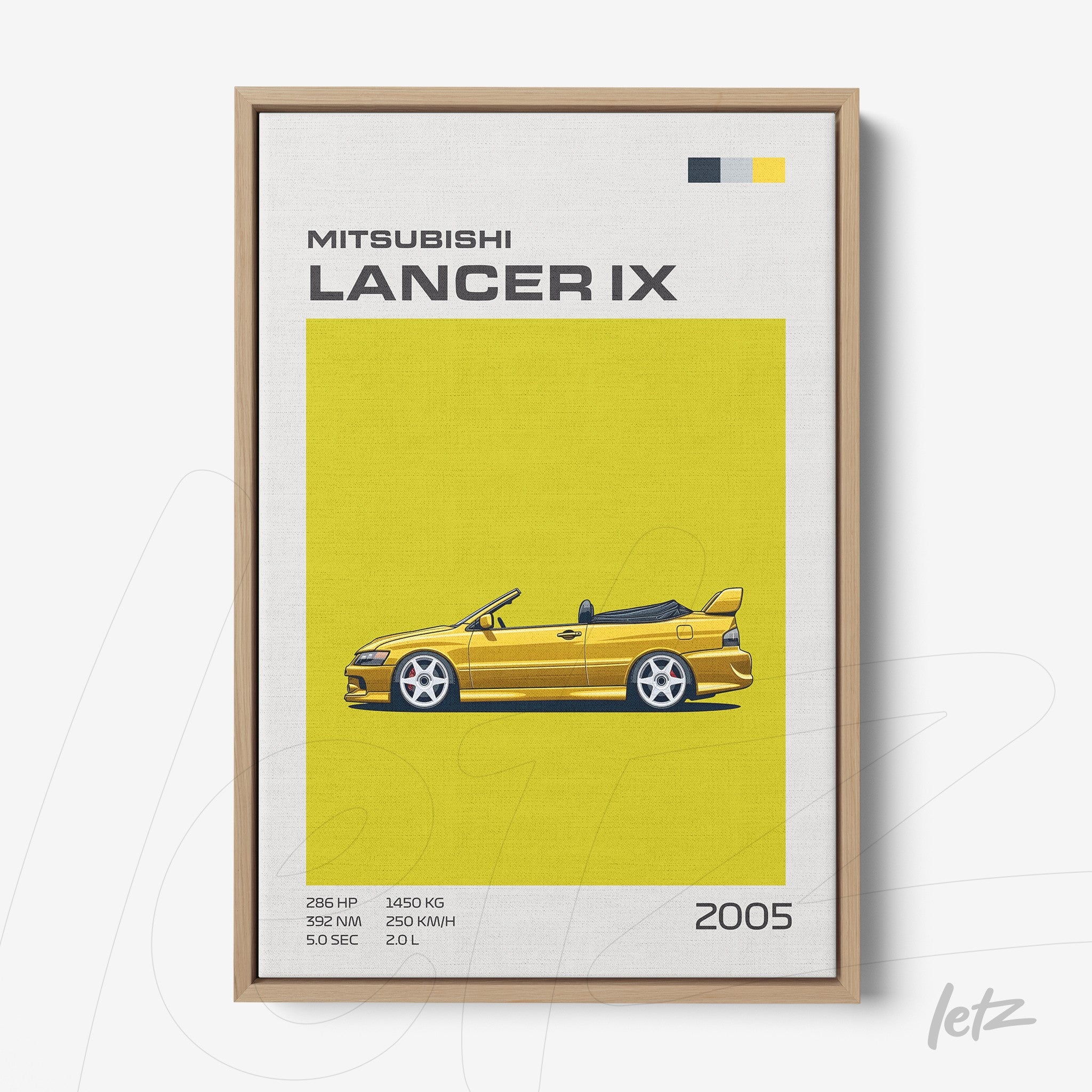quadro com ilustração do carro Mitsubishi Lancer IX em fundo amarelo vibrante e moldura de madeira clara