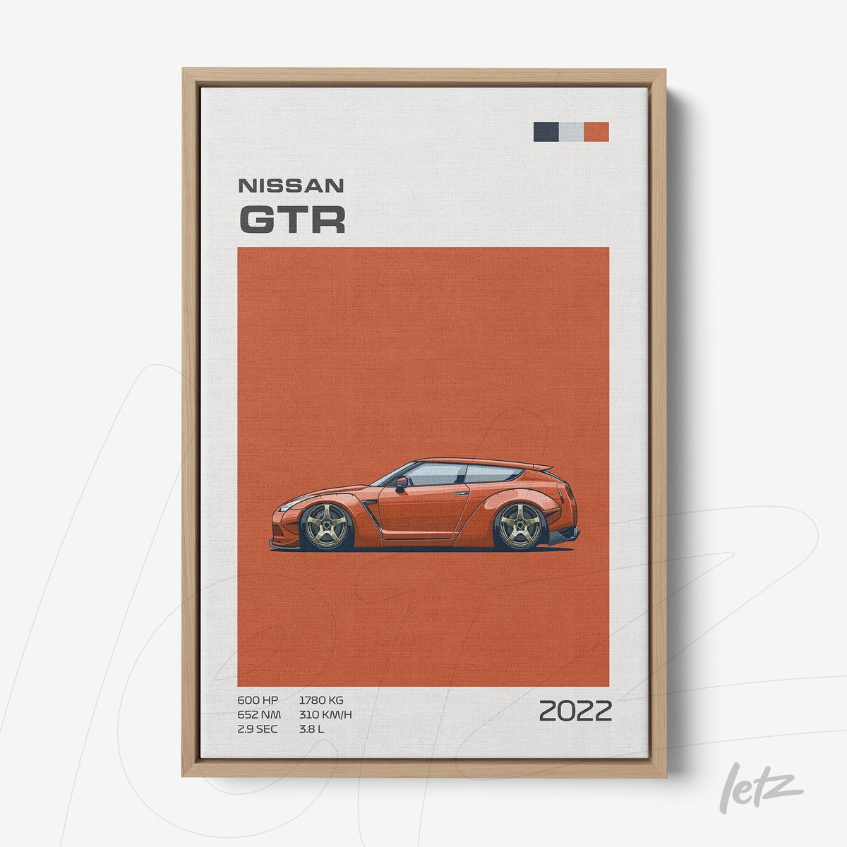quadro com arte gráfica do carro Nissan GTR em fundo laranja e moldura de madeira clara