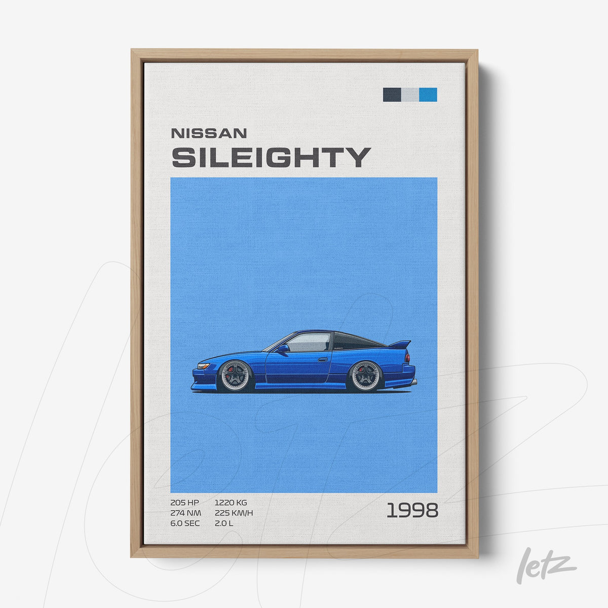 quadro com arte digital do carro Nissan Sil80 em fundo azul, moldura de madeira clara
