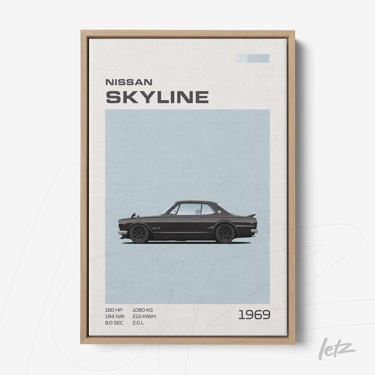 quadro com arte digital do carro Nissan Skyline de 1969 em moldura de madeira clara