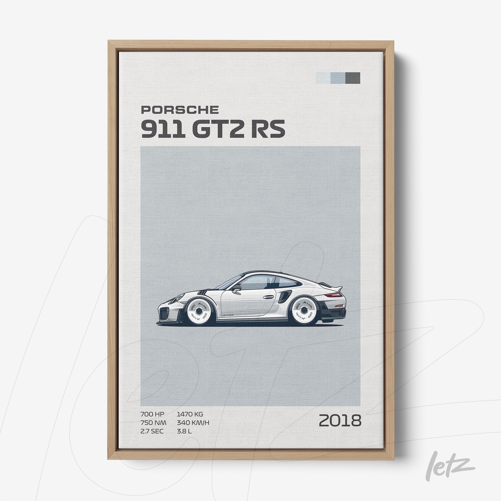 quadro com arte minimalista do carro Porsche 911 GT2 RS em moldura de madeira clara