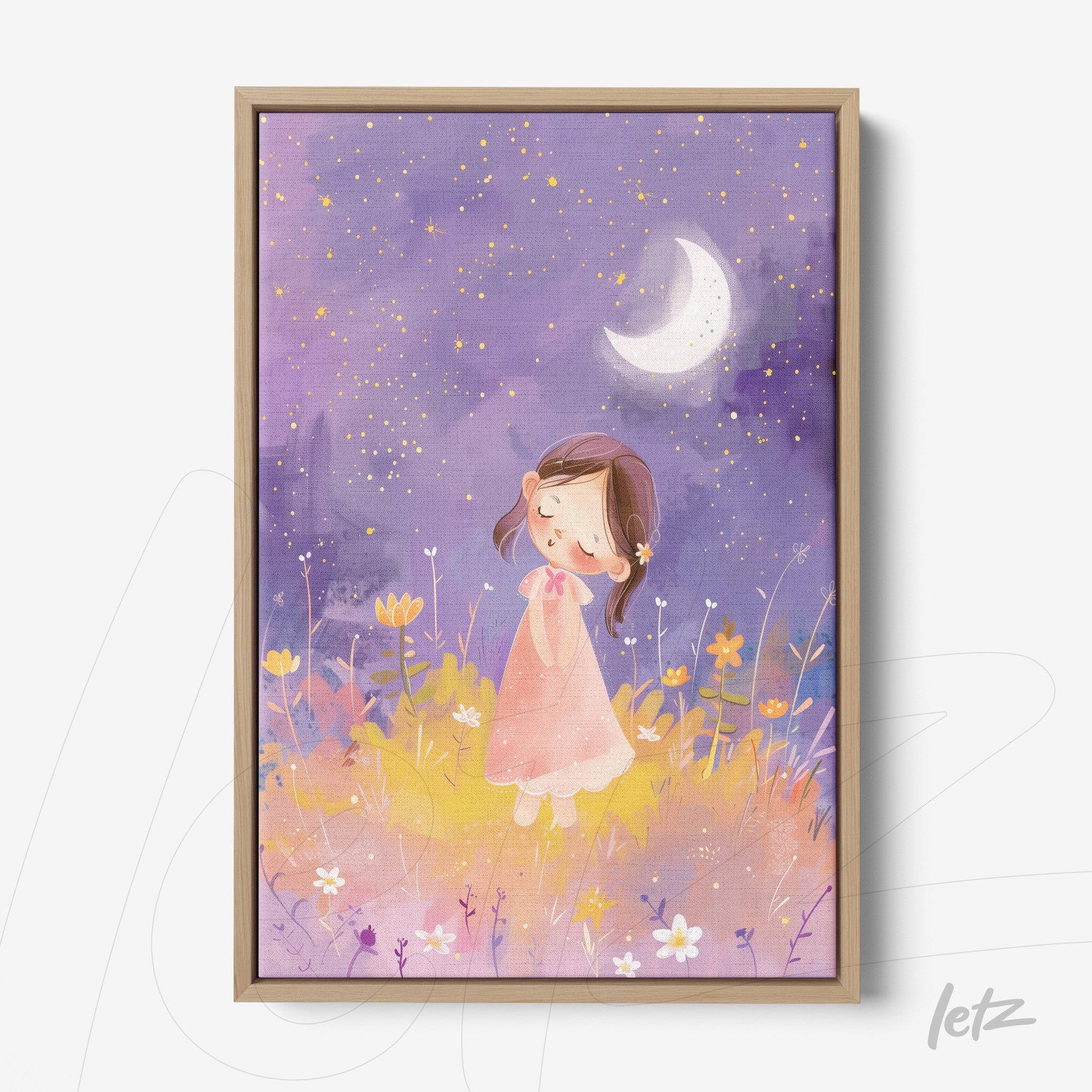 quadro com arte infantil de uma menina em um campo de flores sob a luz da lua em um fundo roxo