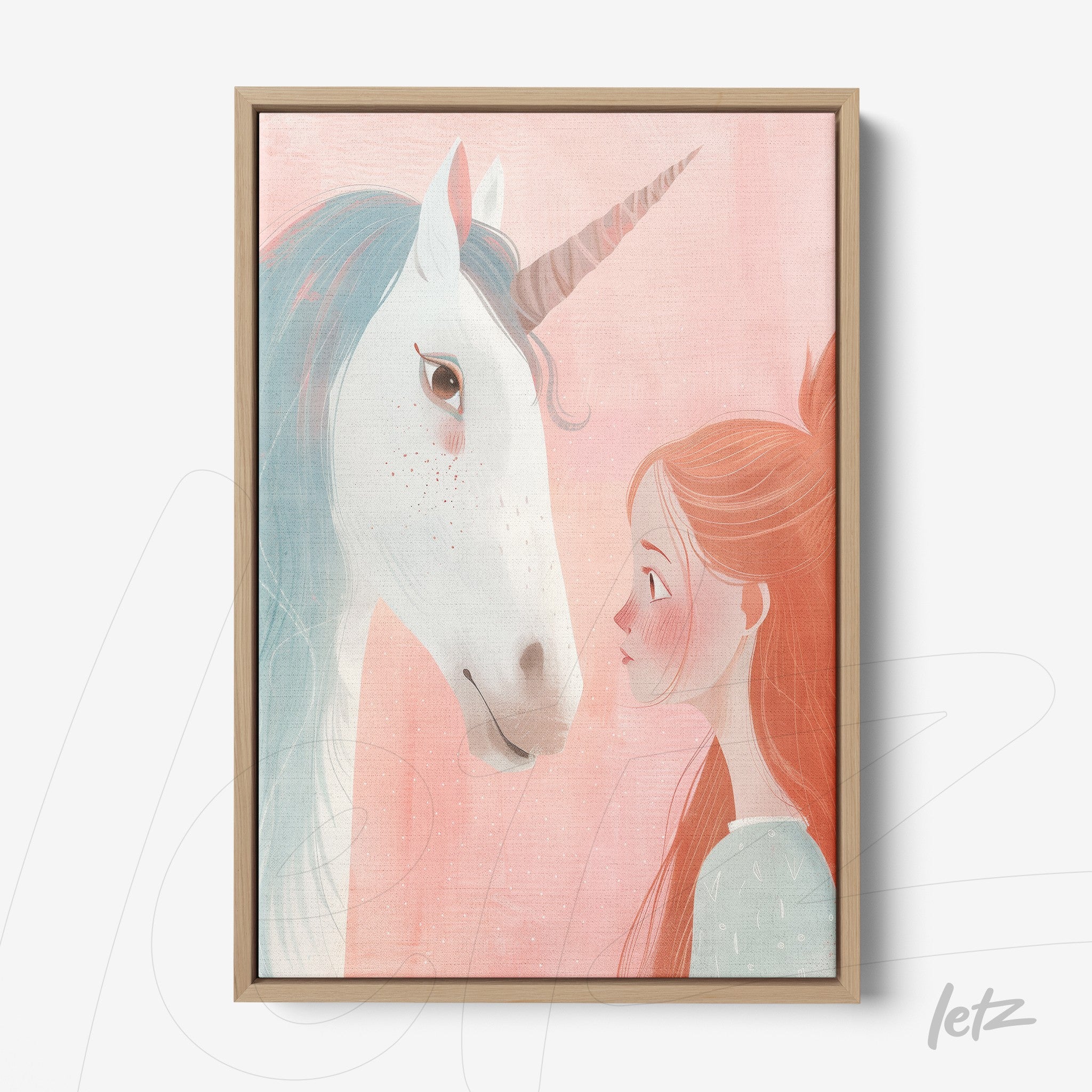 quadro com arte digital de uma menina olhando para um unicórnio em fundo rosa suave, moldura de madeira clara