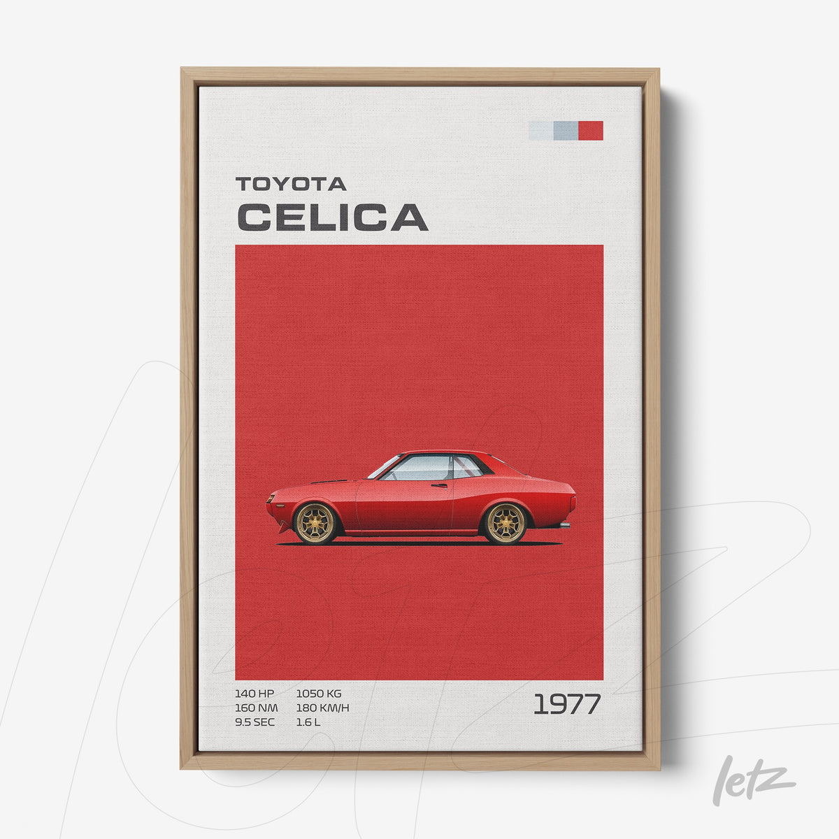 quadro com ilustração minimalista de um carro Toyota Celica 1977 em fundo vermelho, moldura de madeira clara