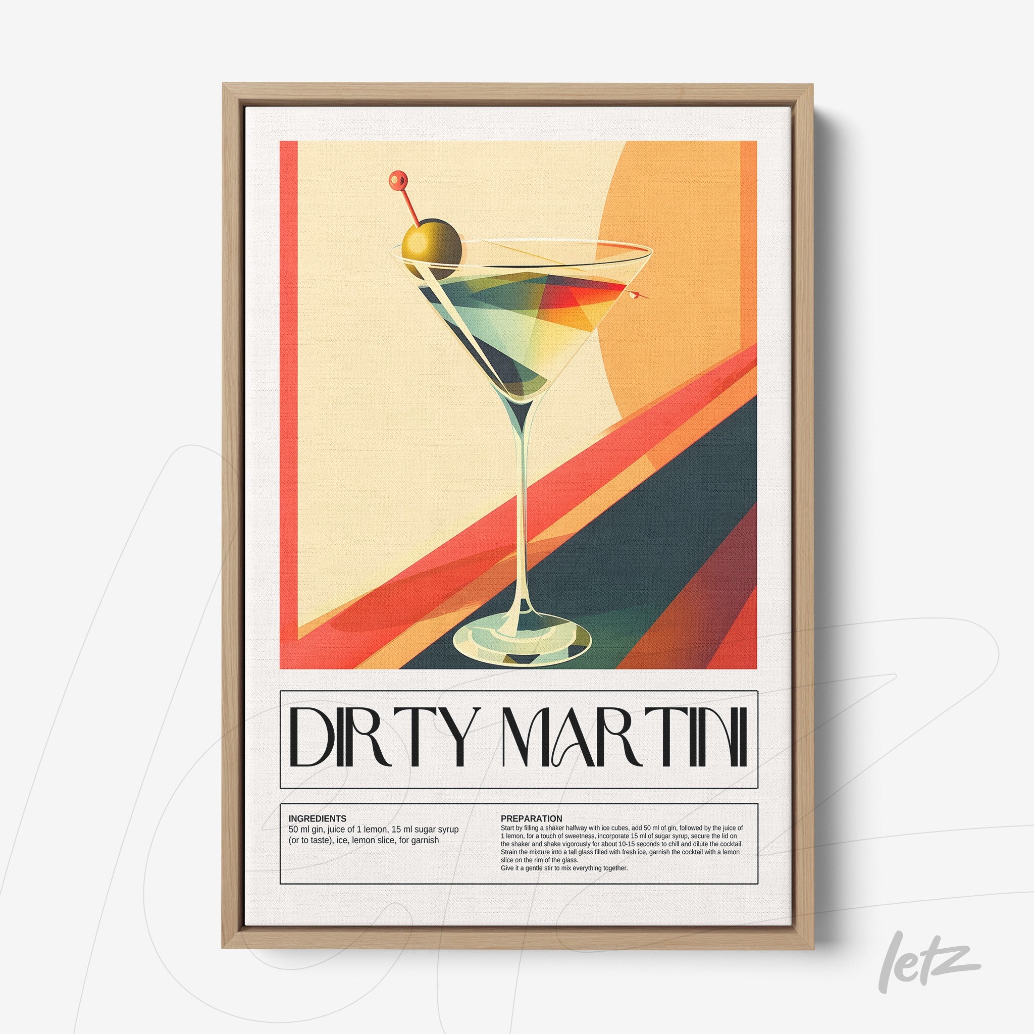 quadro com arte estilizada de drink dirty martini em moldura clara