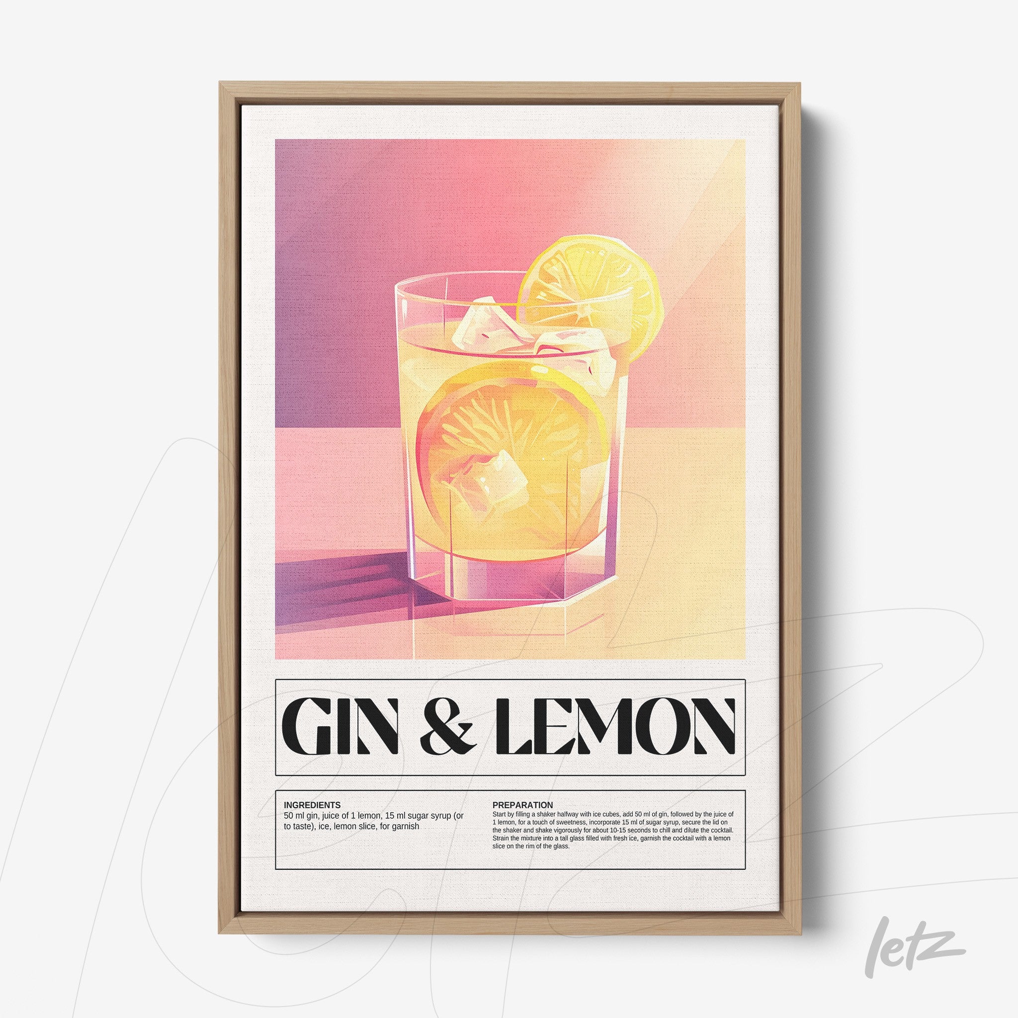quadro com arte minimalista de drink gin e limão em moldura de madeira clara