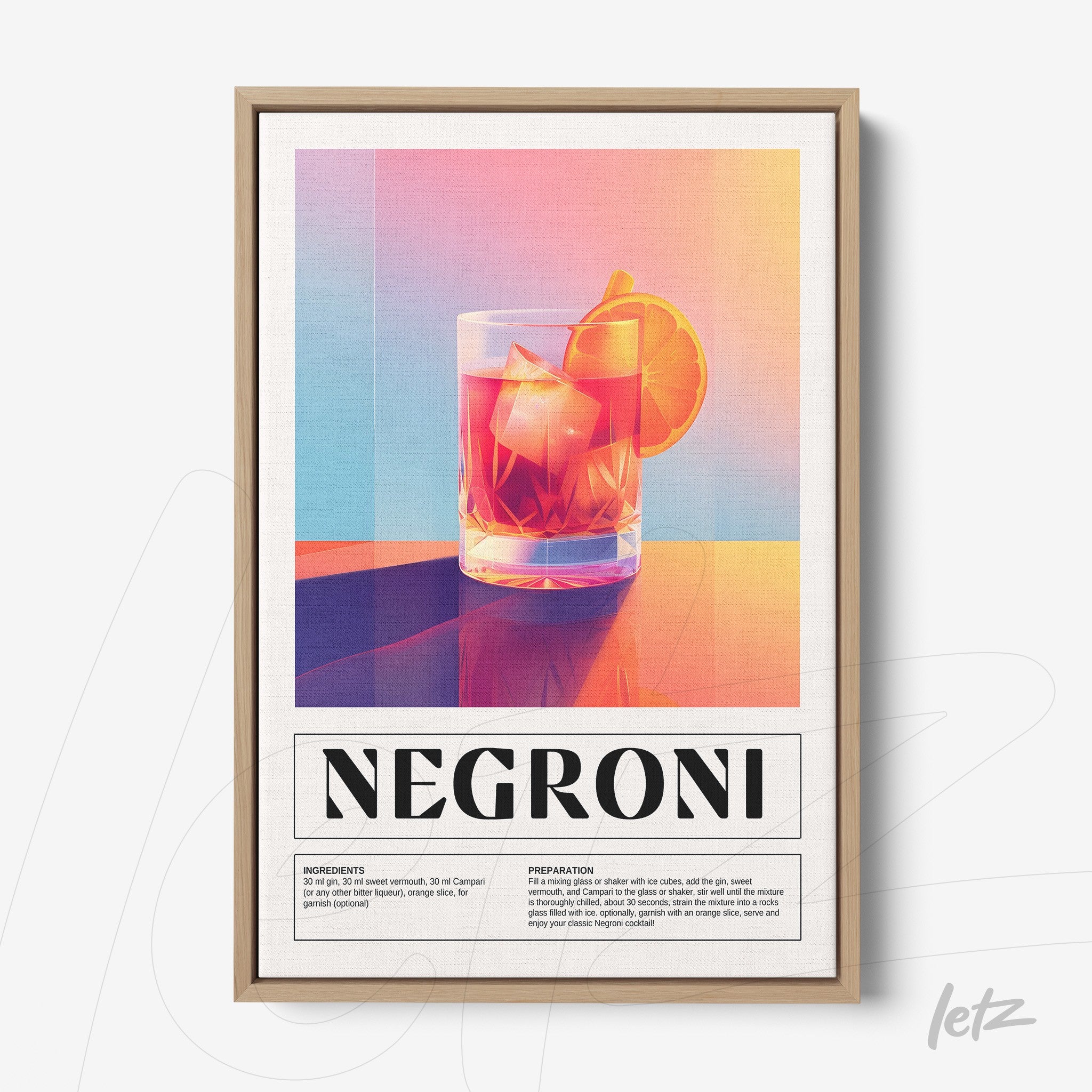 quadro com arte digital de drink negroni, frutas e gelo, moldura de madeira clara