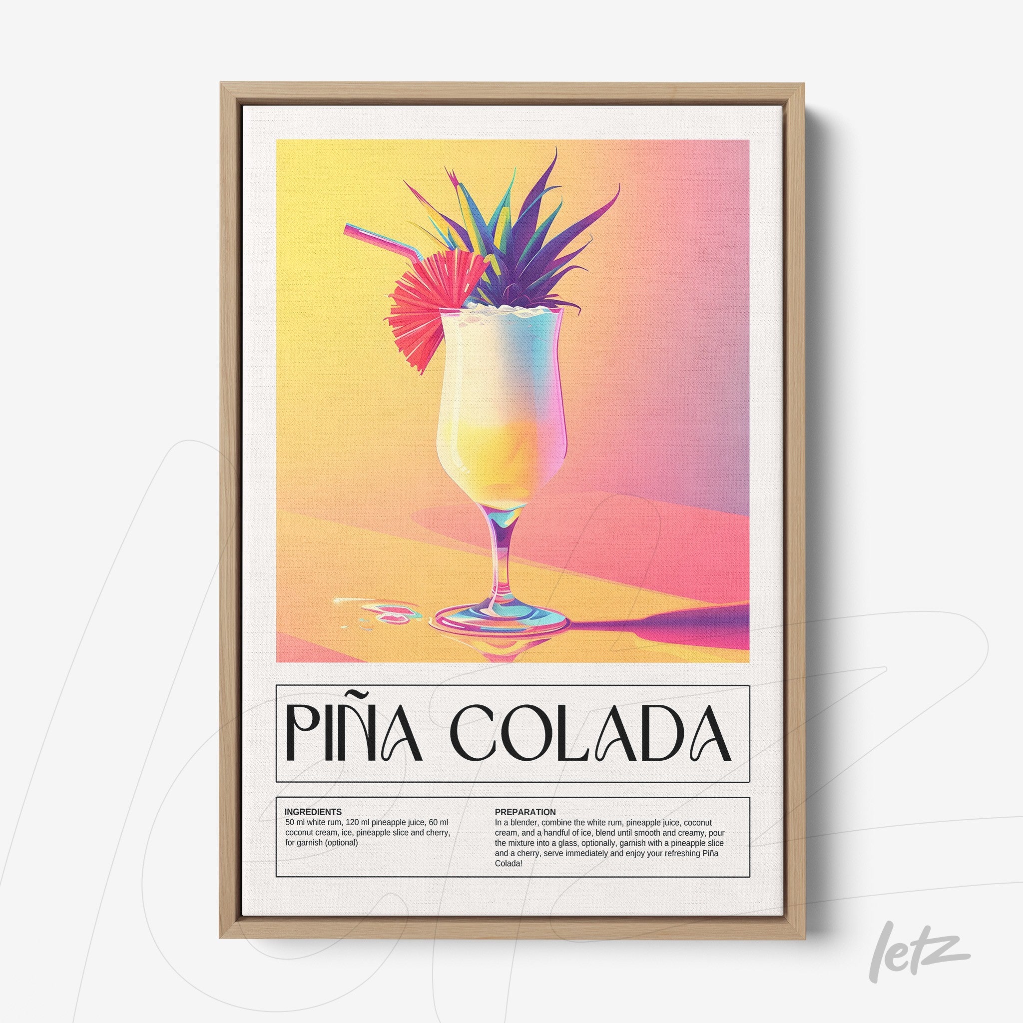quadro com arte digital vibrante de drink piña colada em moldura de madeira clara