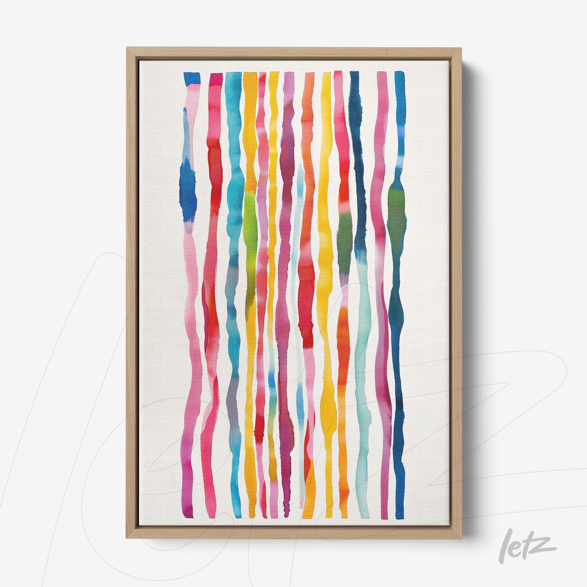 quadro com arte abstrata em aquarela com listras coloridas em moldura de madeira clara