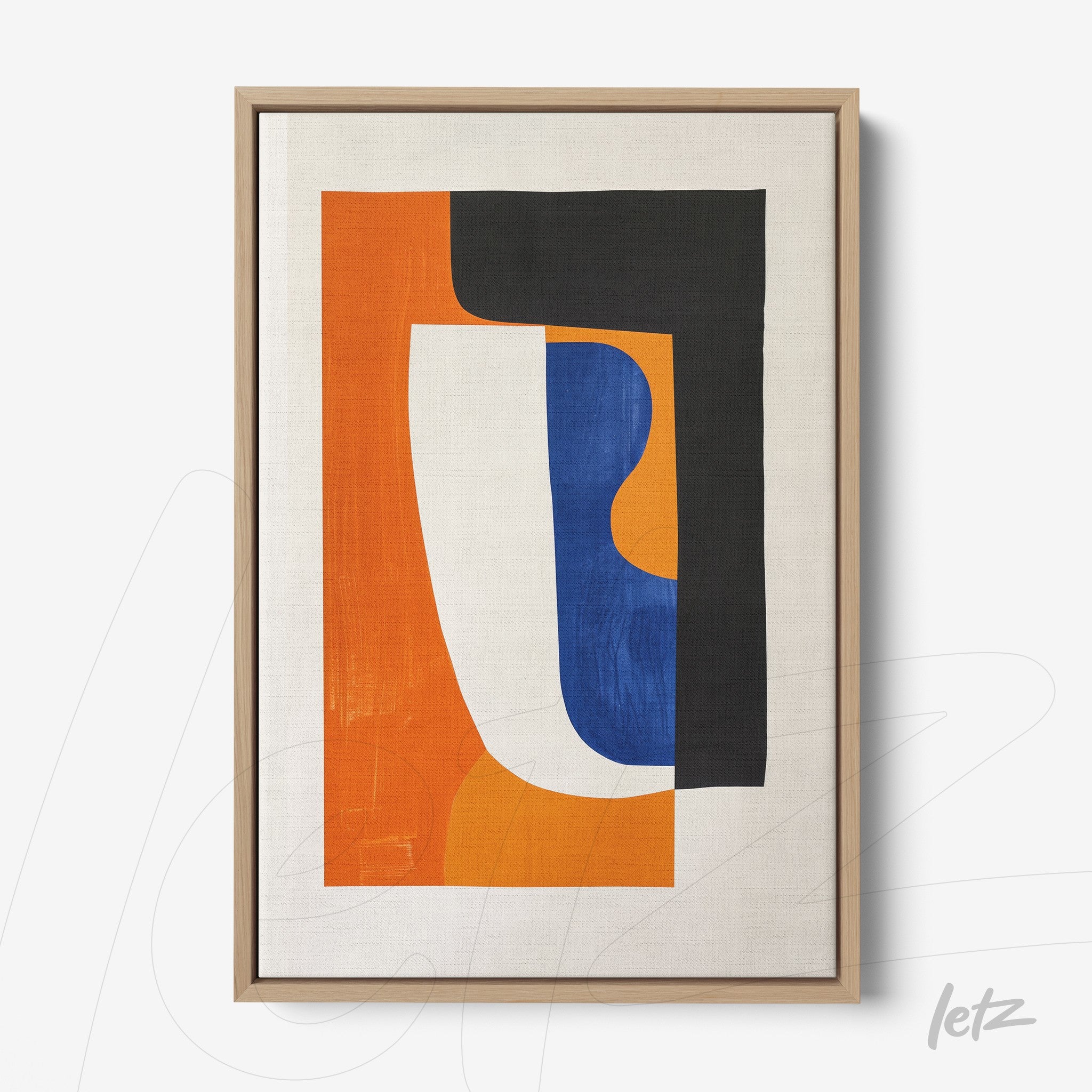 quadro com arte abstrata em cores azul, laranja e preto em moldura de madeira clara
