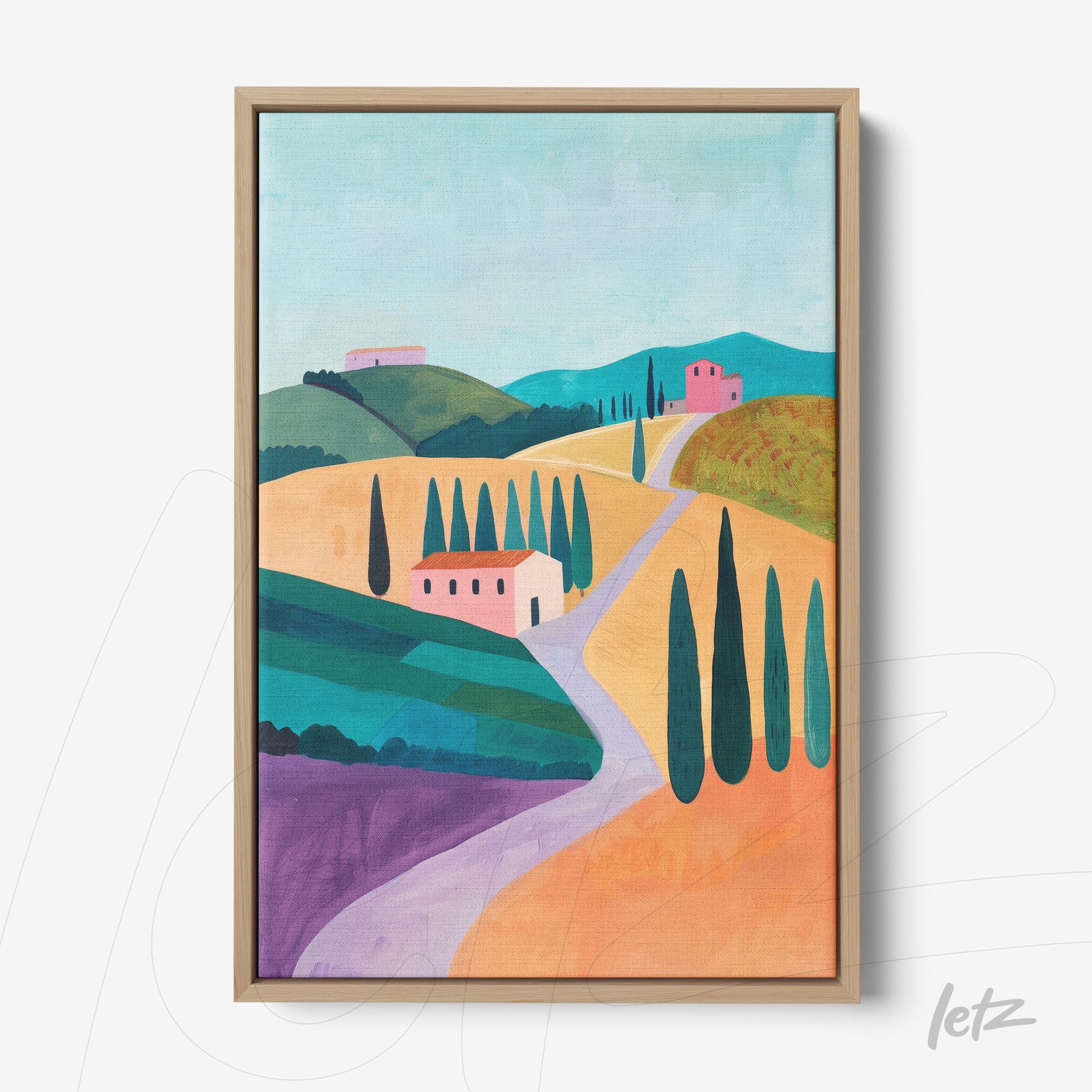 quadro com paisagem artística de colinas verdes e campos amarelos, figuras estilizadas de casas e ciprestes em moldura de madeira clara