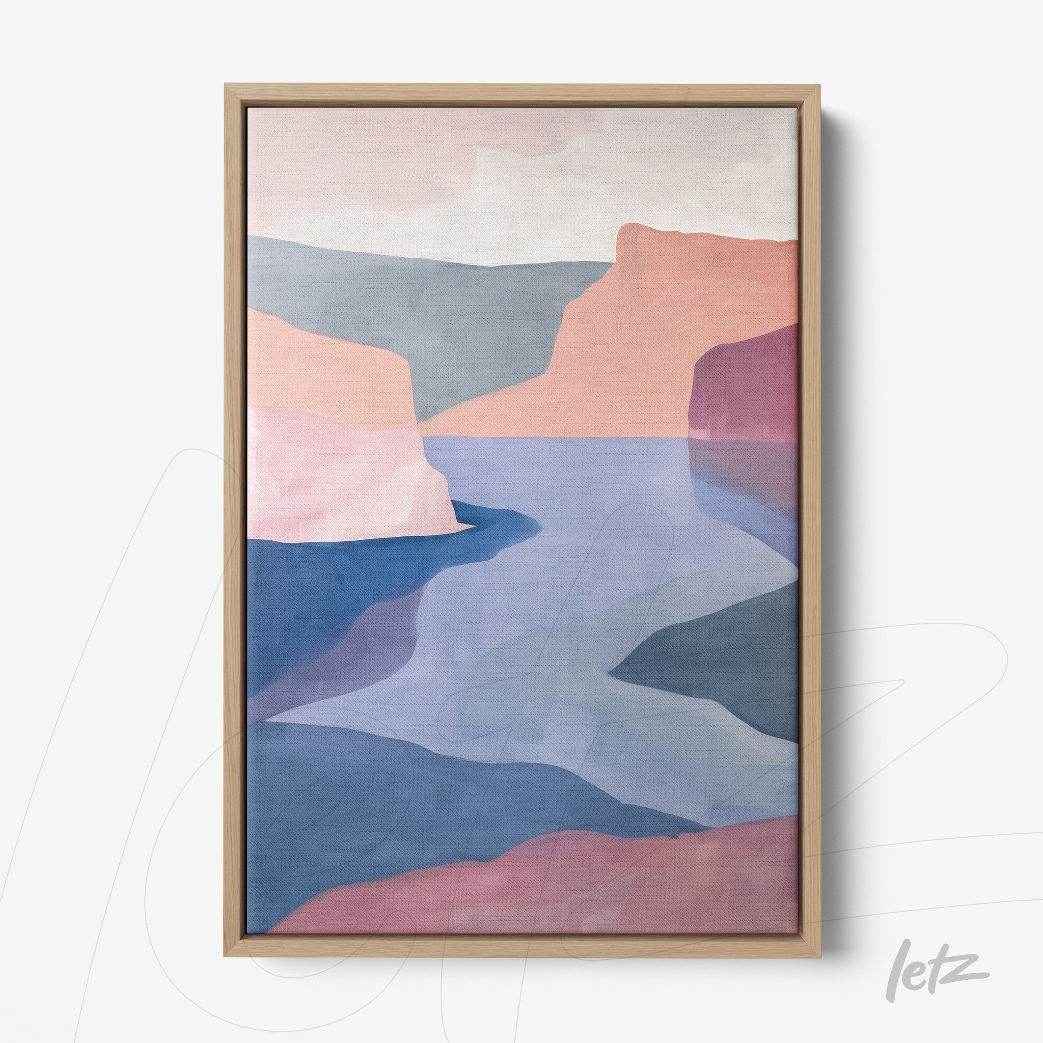 quadro em moldura de madeira clara com arte abstrata de paisagem com cores suaves em tons de rosa e azul