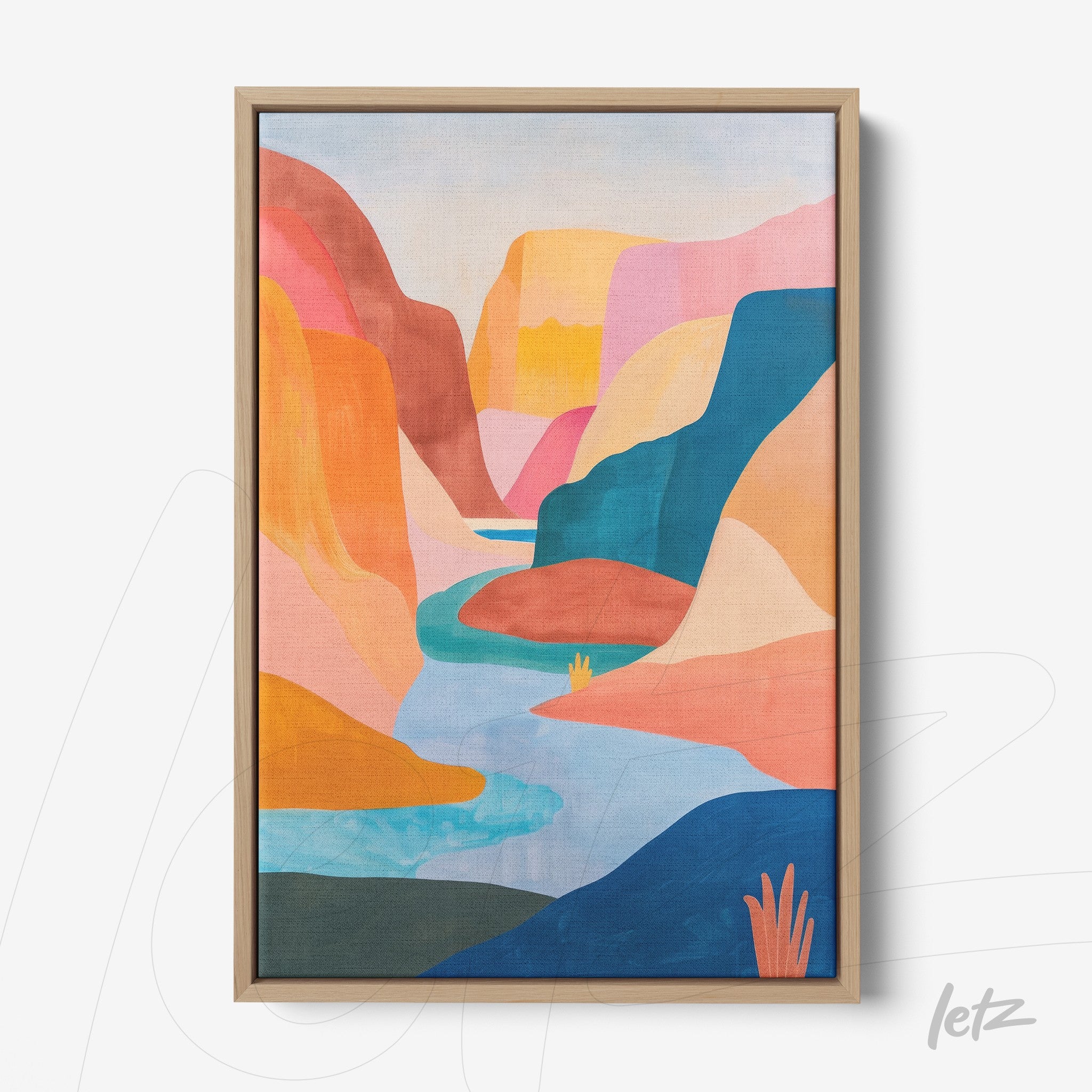 quadro com arte abstrata de canyon em cores vibrantes, moldura clara e fundo suave