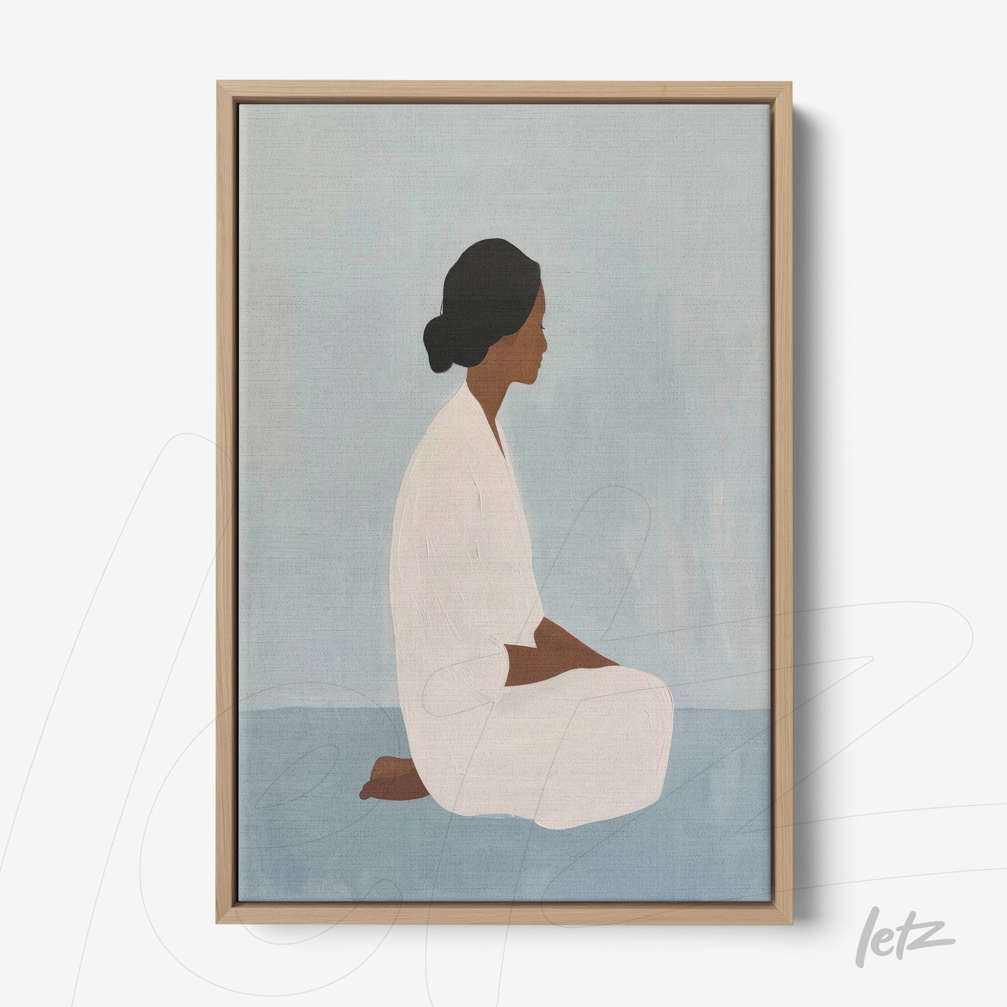 quadro com arte minimalista de uma figura feminina sentada em tons suaves, em moldura de madeira clara