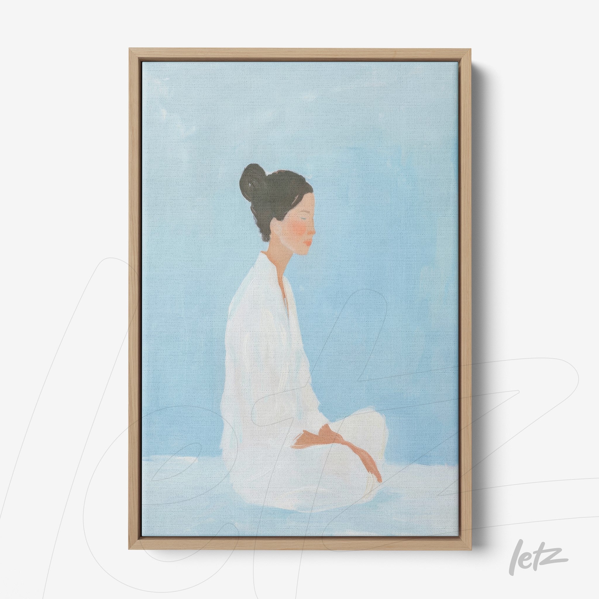 quadro com arte minimalista de mulher meditativa em fundo azul claro com moldura clara de madeira