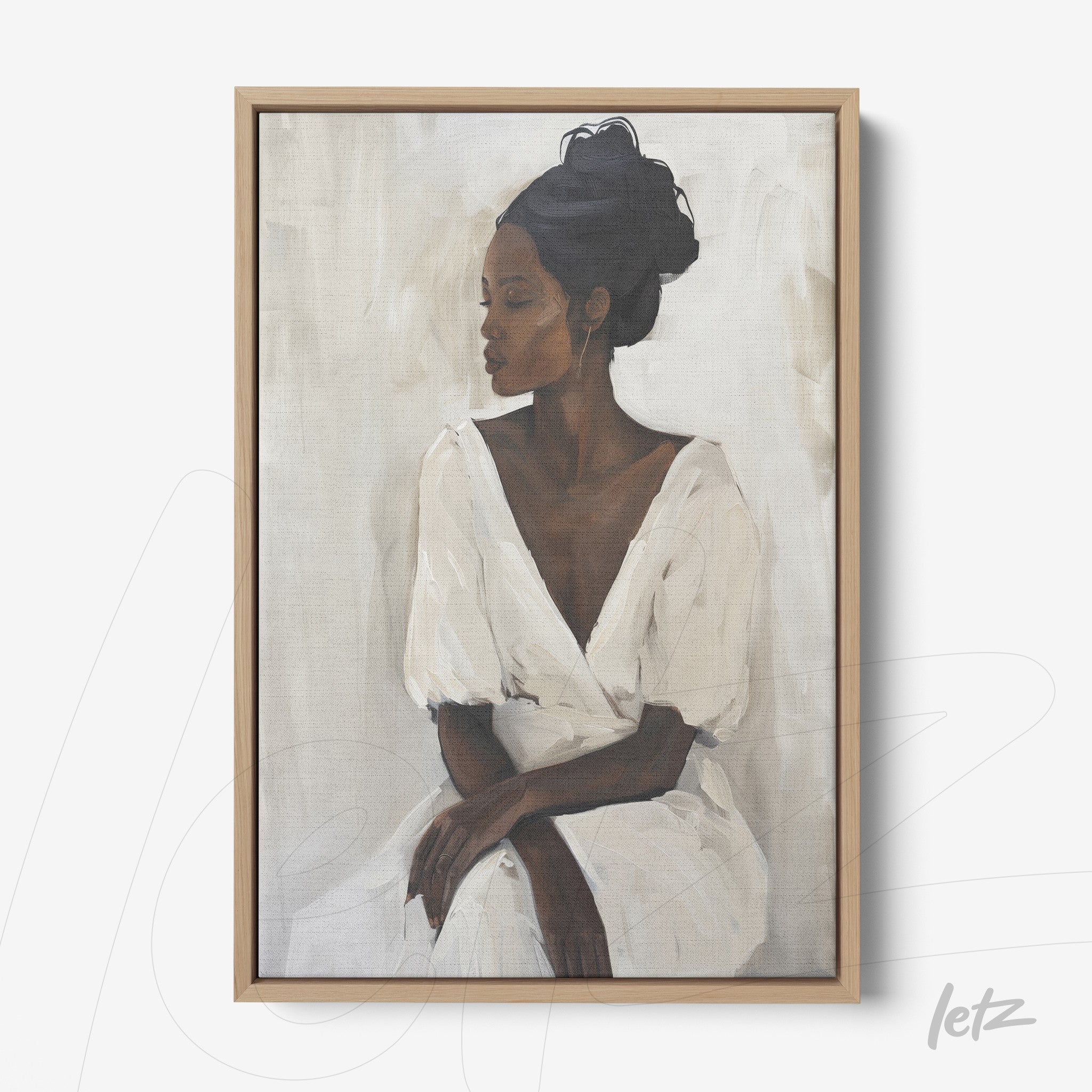 quadro em tela com retrato de mulher negra usando vestido branco, em moldura de madeira clara