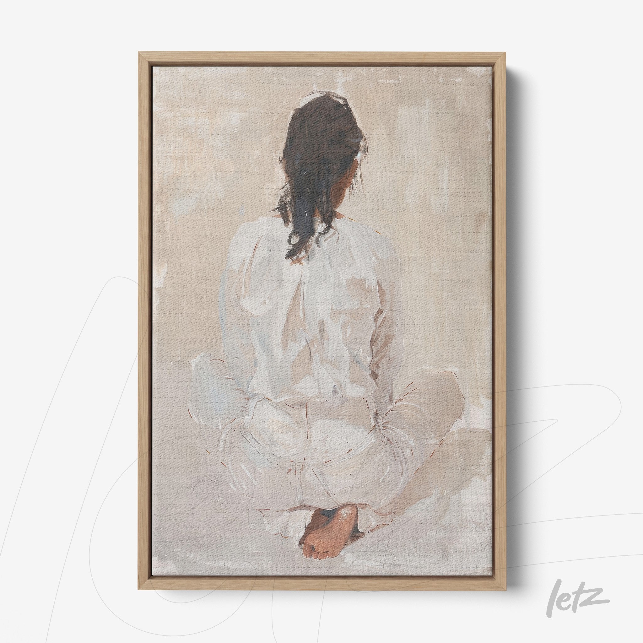 quadro com arte abstrata de figura feminina sentada de costas em moldura clara