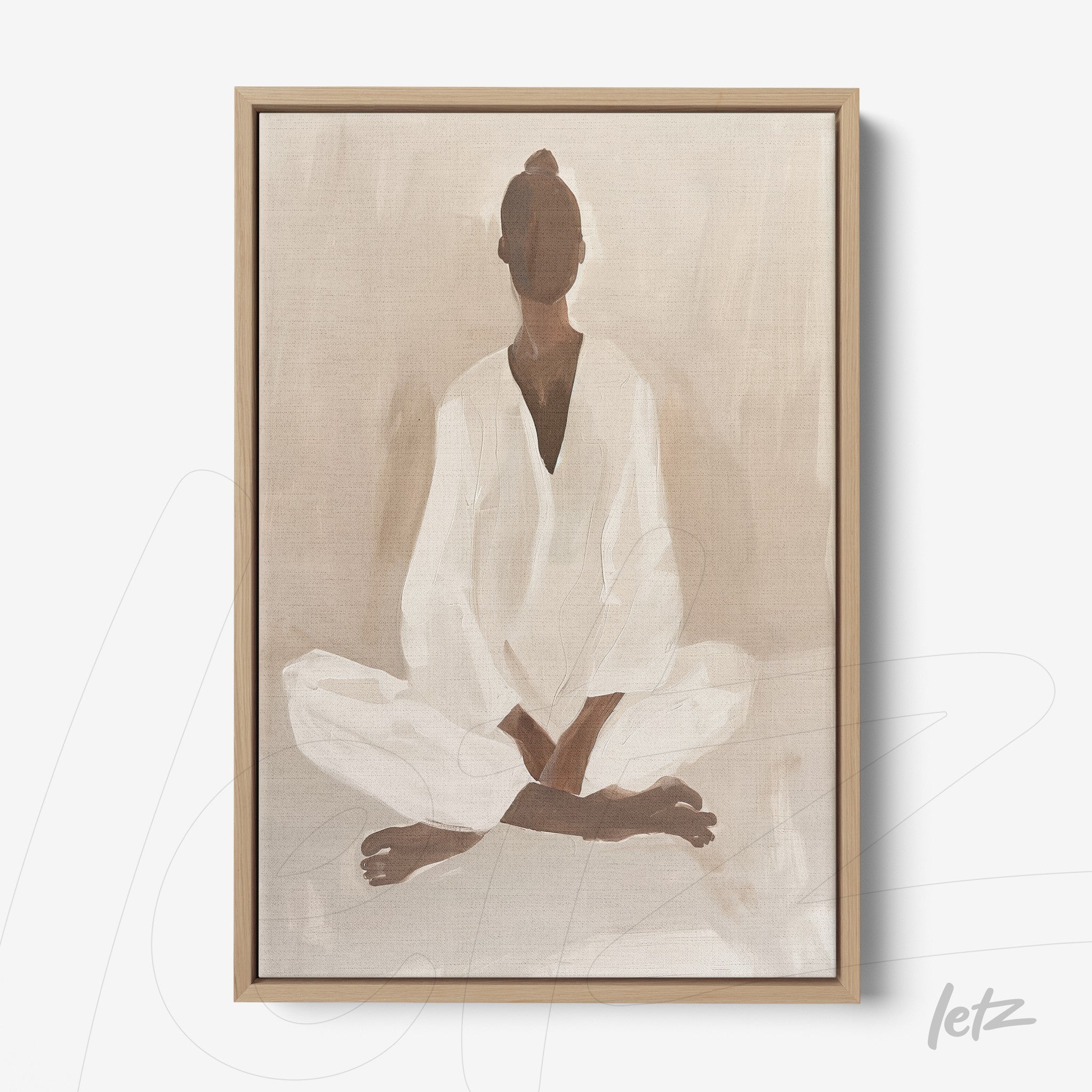 quadro com arte abstrata de figura feminina em pose de meditação, moldura em madeira clara
