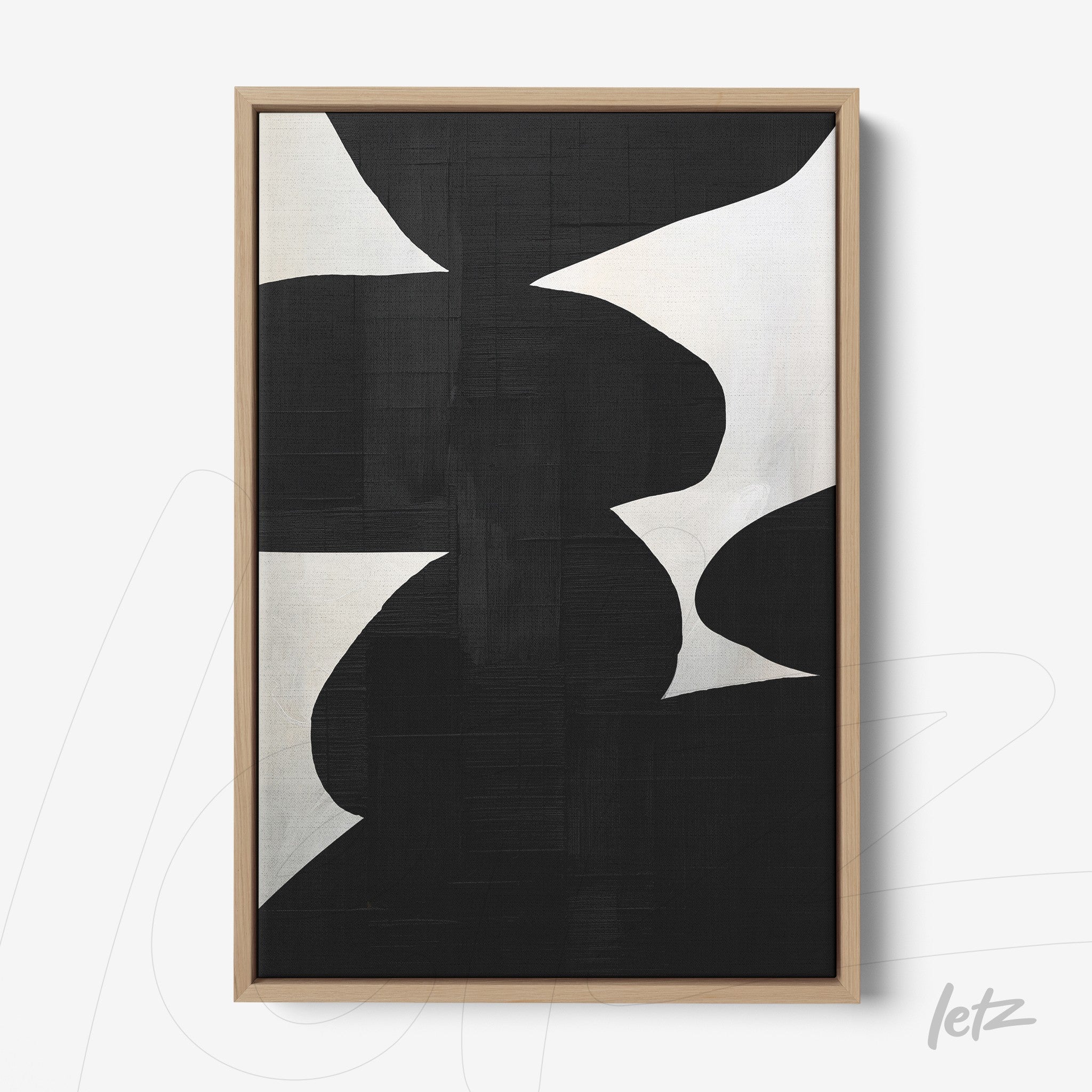 quadro moderno com formas abstratas em preto e branco, moldura de madeira clara