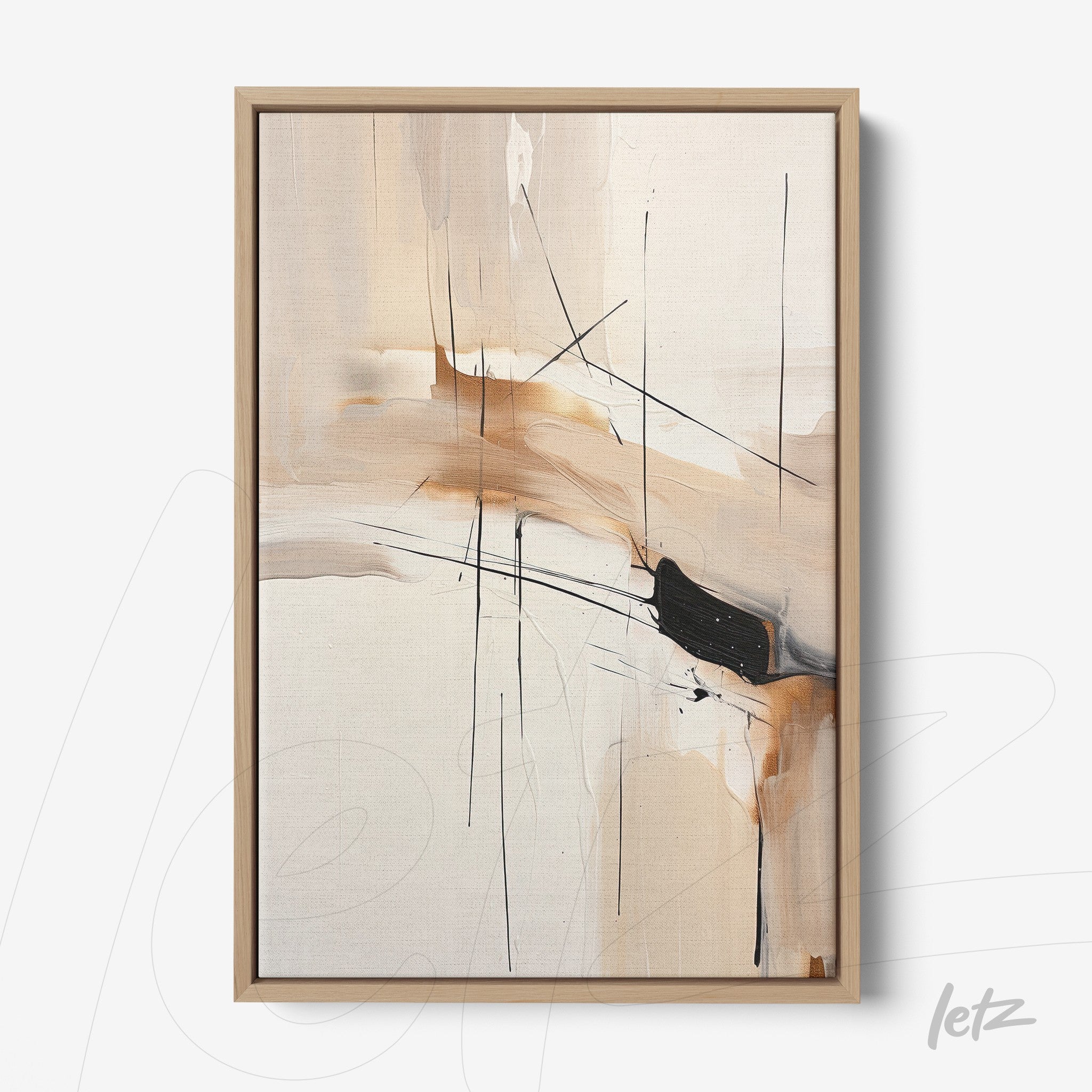 quadro com arte abstrata em tons neutros, com traços pretos e detalhes em laranja, em moldura de madeira clara