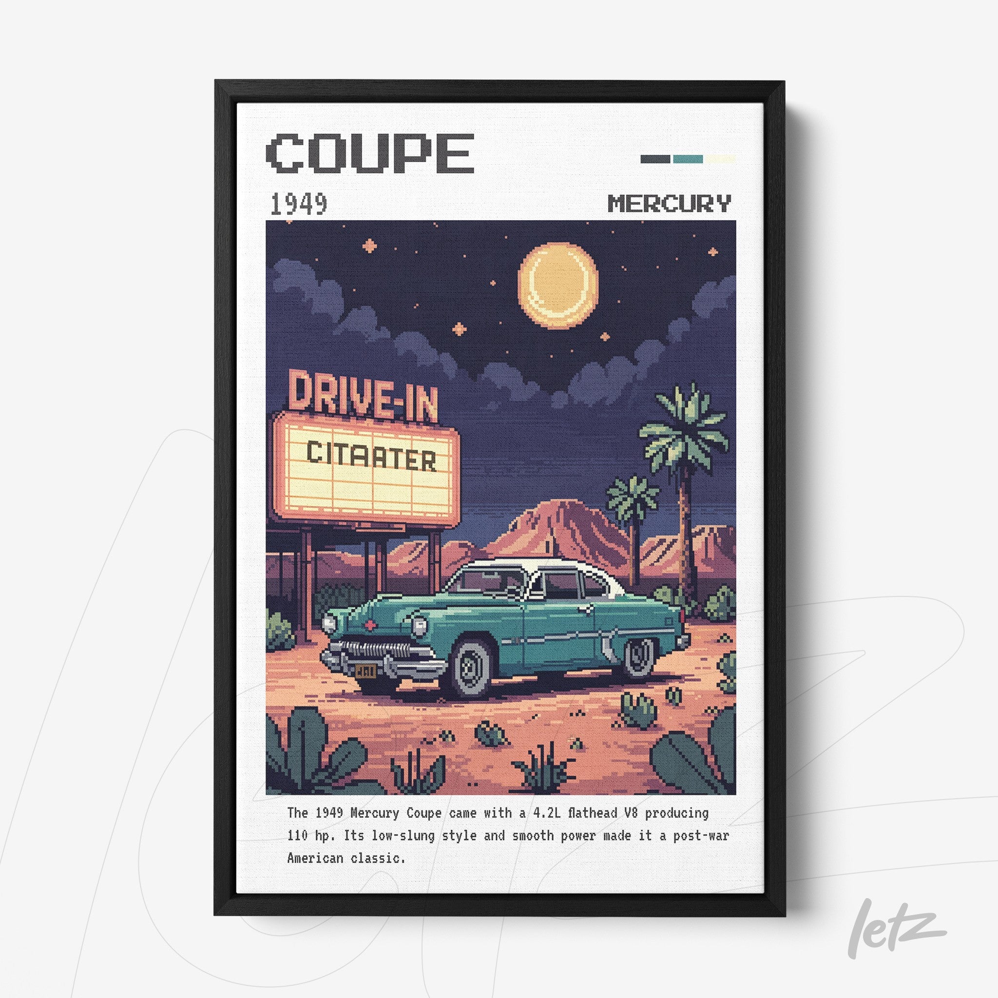 quadro com arte retrô de um carro Mercury Coupe de 1949 em frente a um drive-in iluminado à noite com céu estrelado