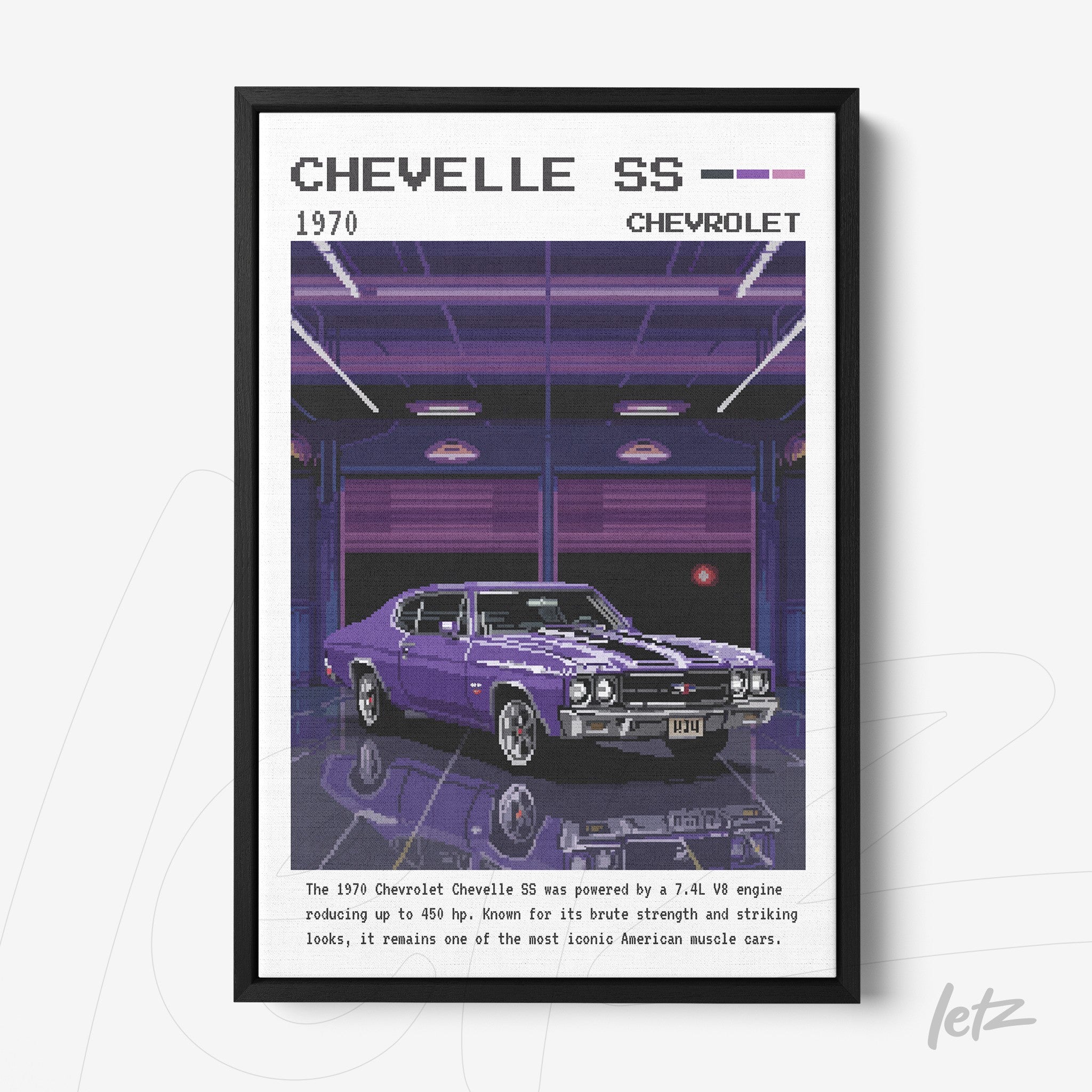 quadro com arte retrô de um carro Chevrolet Chevelle SS 1970 em moldura preta