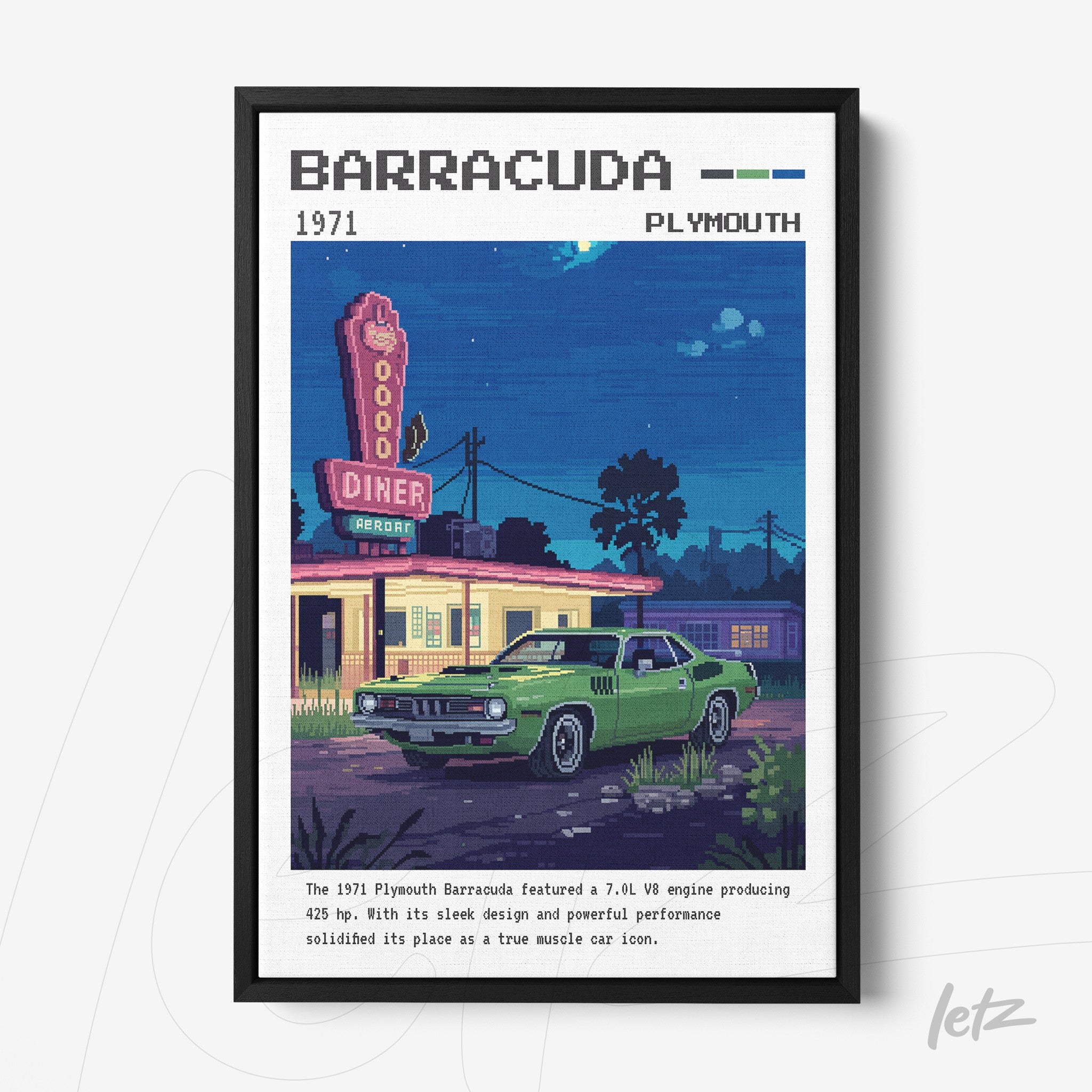 quadro com arte pixelada de um carro Plymouth Barracuda verde em frente a um diner vintage com letreiro iluminado