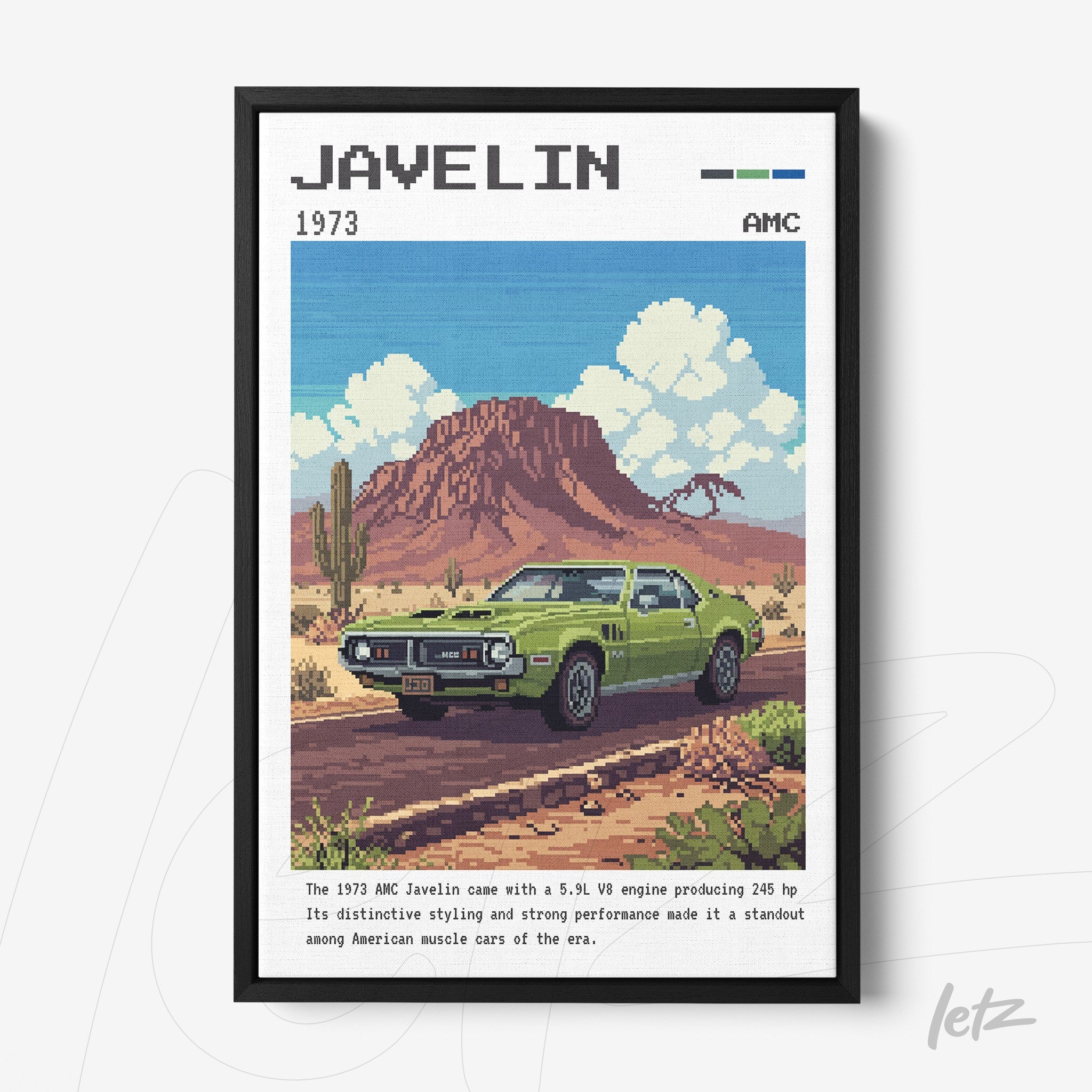 quadro com arte em pixel da AMC Javelin 1973 em meio a um cenário desértico, apresentando montanhas e nuvens no fundo