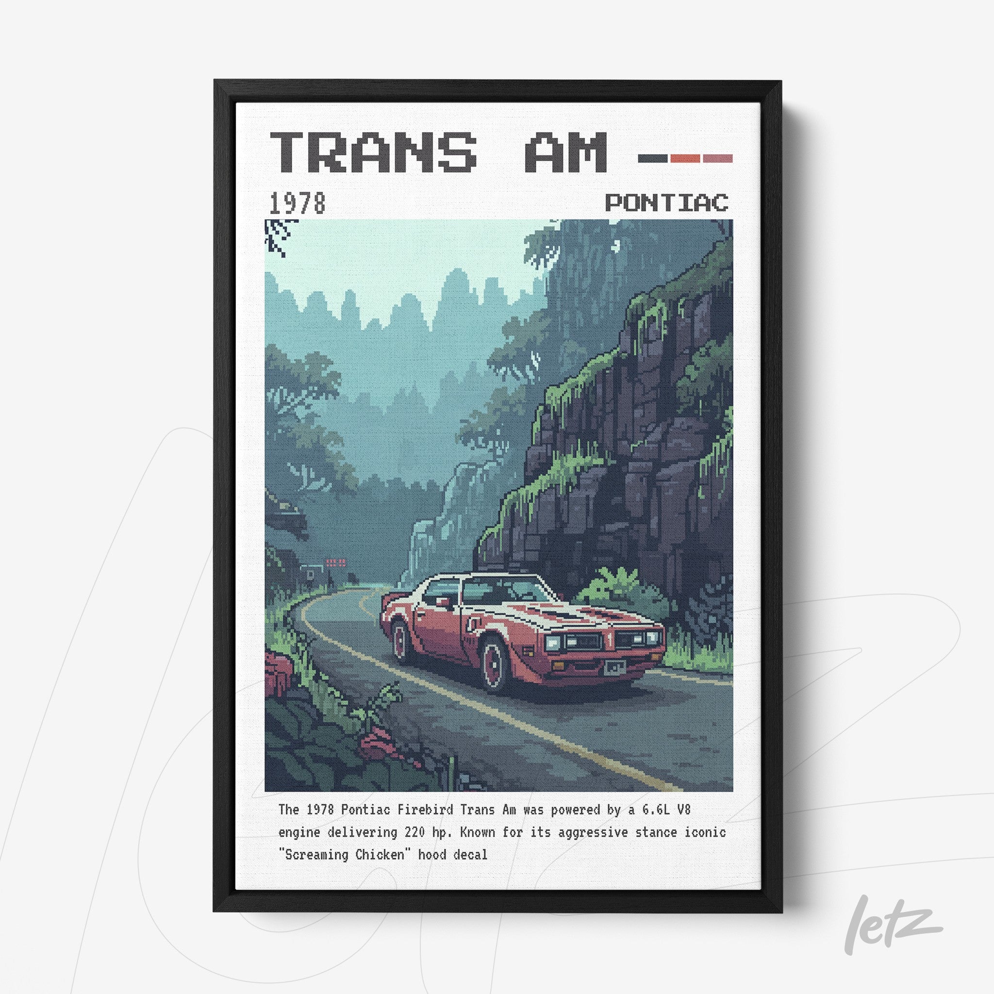 quadro com ilustração retrô do carro Pontiac Trans Am de 1978 em moldura preta