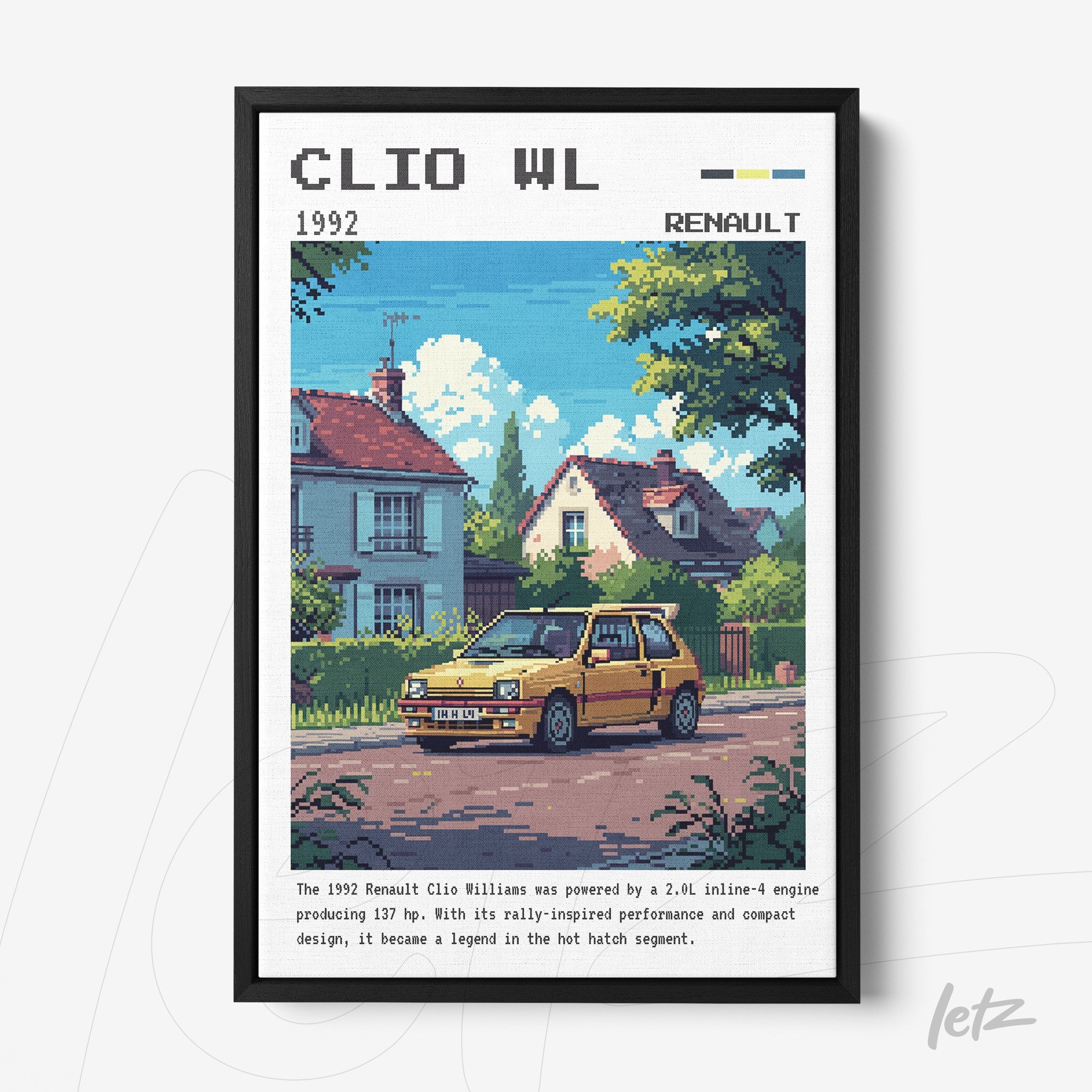 quadro com arte de carro retro Renault Clio Williams em moldura preta com detalhes de texto informativo sobre o veículo