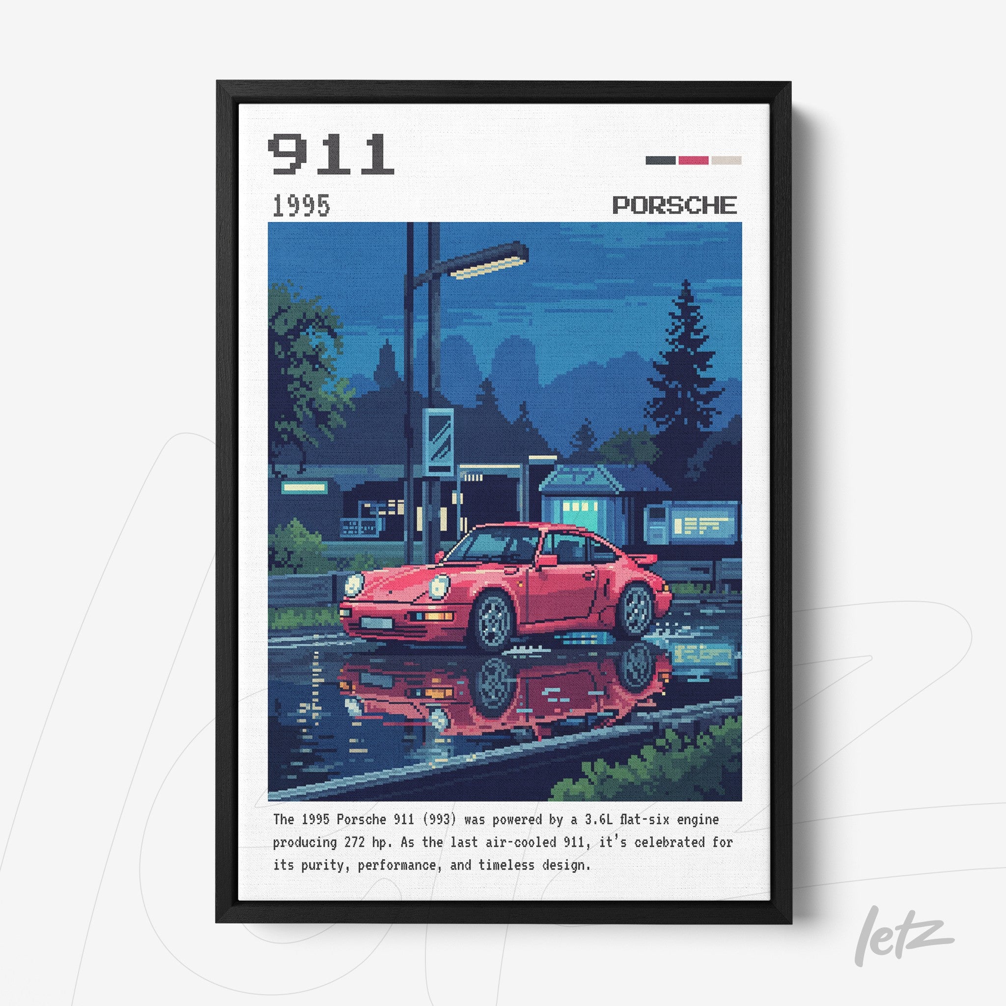 quadro com arte pixelada de um carro Porsche 911 de 1995 em moldura preta, refletindo em um lago ao fundo com luzes de uma cidade