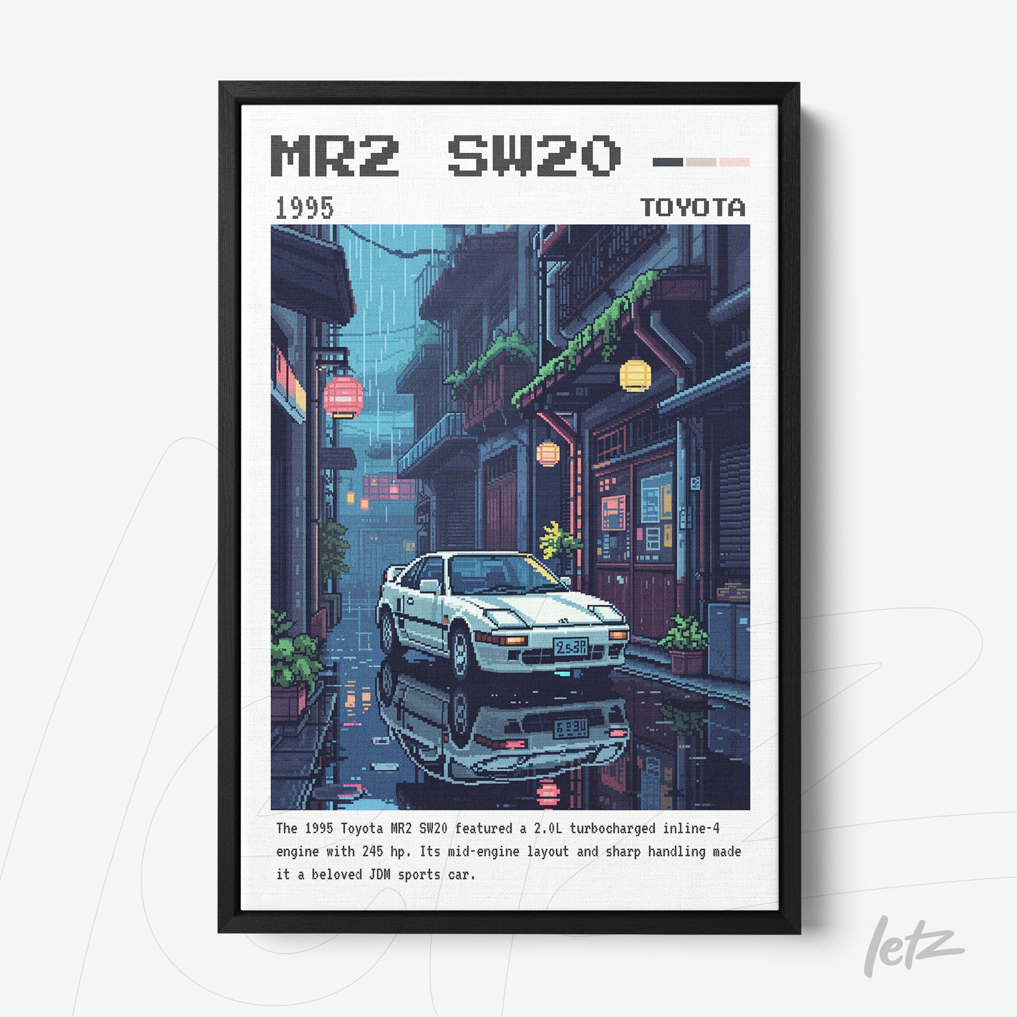 quadro com arte pixelada de um carro Toyota MR2 em uma rua chuvosa com construções asiáticas ao fundo, moldura preta
