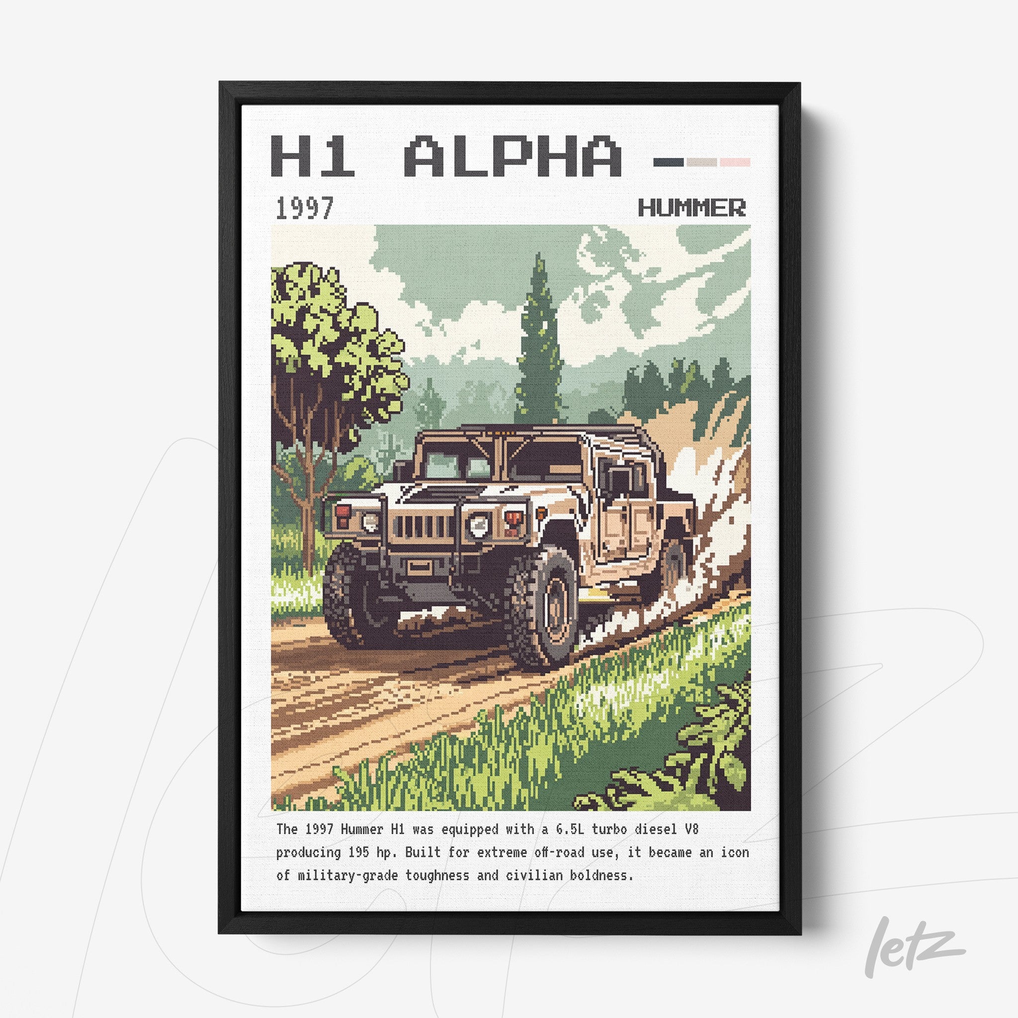 quadro com ilustração pixelada de um veículo Hummer H1 de 1997 em uma estrada de terra com árvore ao fundo, moldura preta