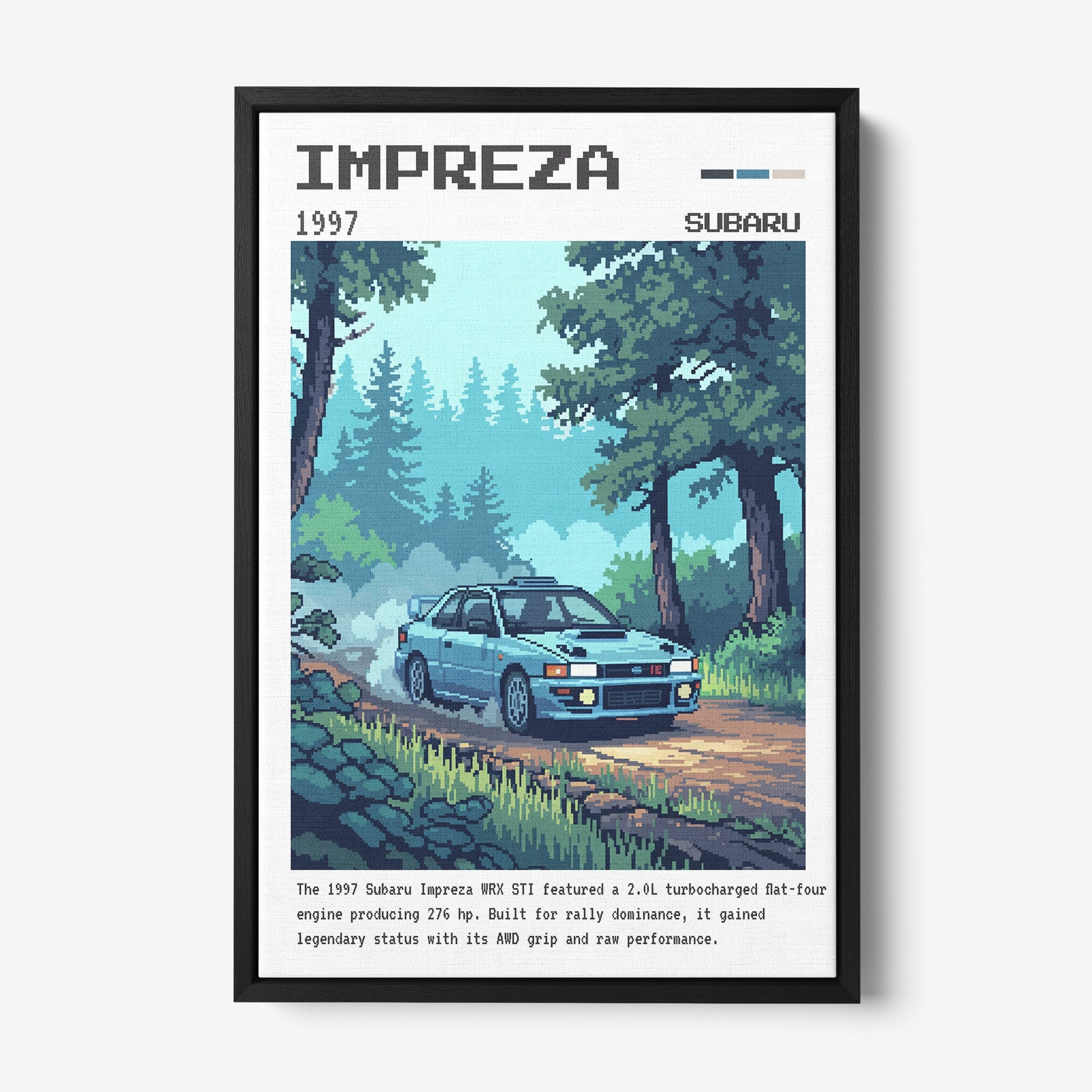 quadro digital com ilustração pixelada do Subaru Impreza WRX STI de 1997 em molde preto