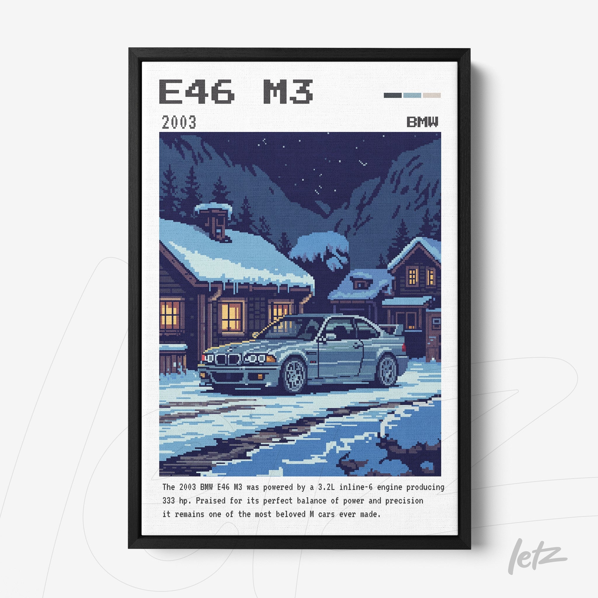 quadro com arte pixelada da BMW E46 M3 em uma cena noturna com neve e chalés de madeira