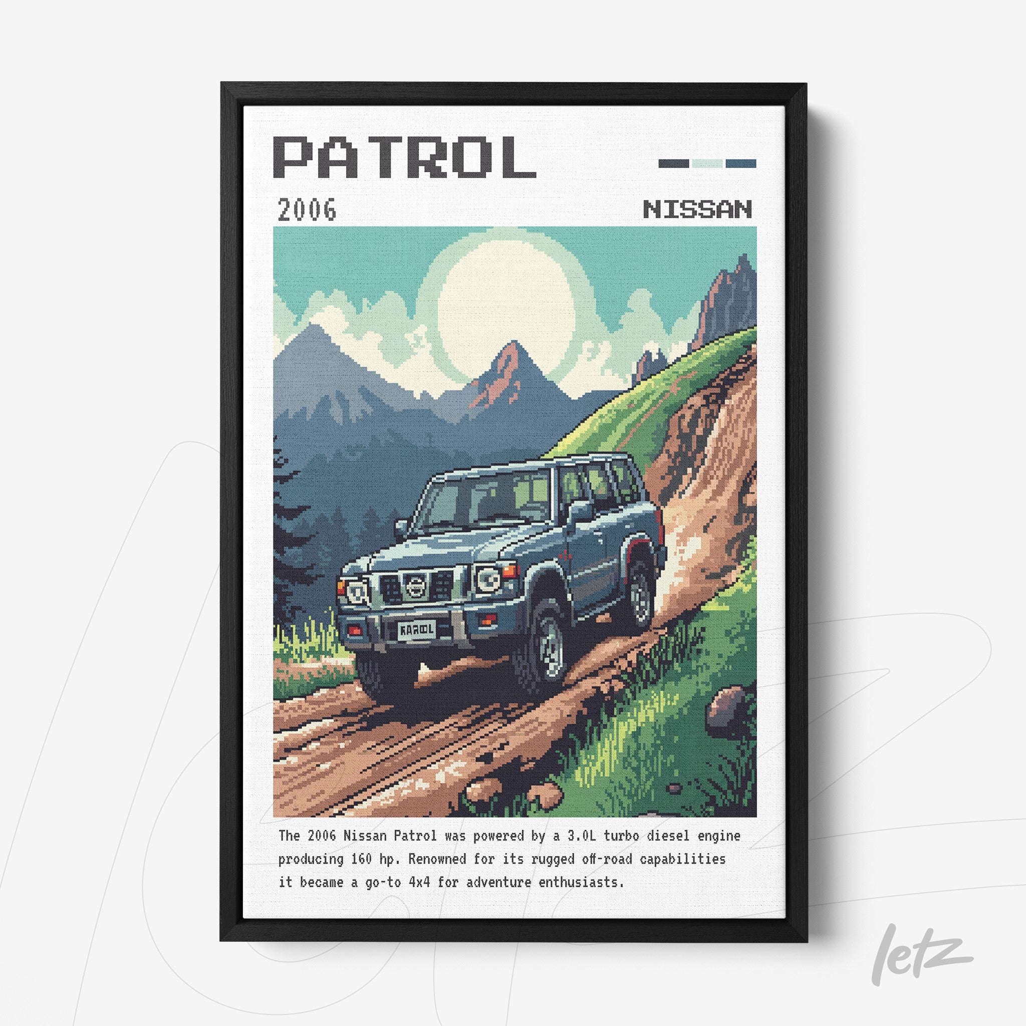 quadro emoldurado com ilustração retrô do carro Nissan Patrol 2006 em uma trilha de terra