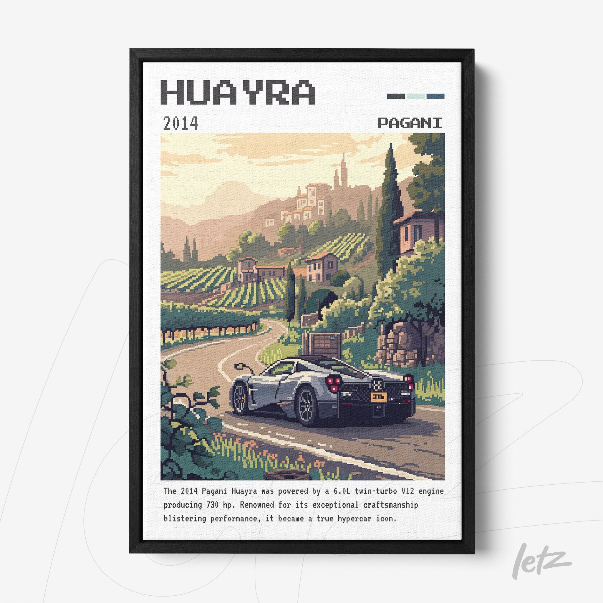quadro decorativo com ilustração pixel art do supercarro Pagani Huayra em estrada rodeada por vinhedos e montanhas