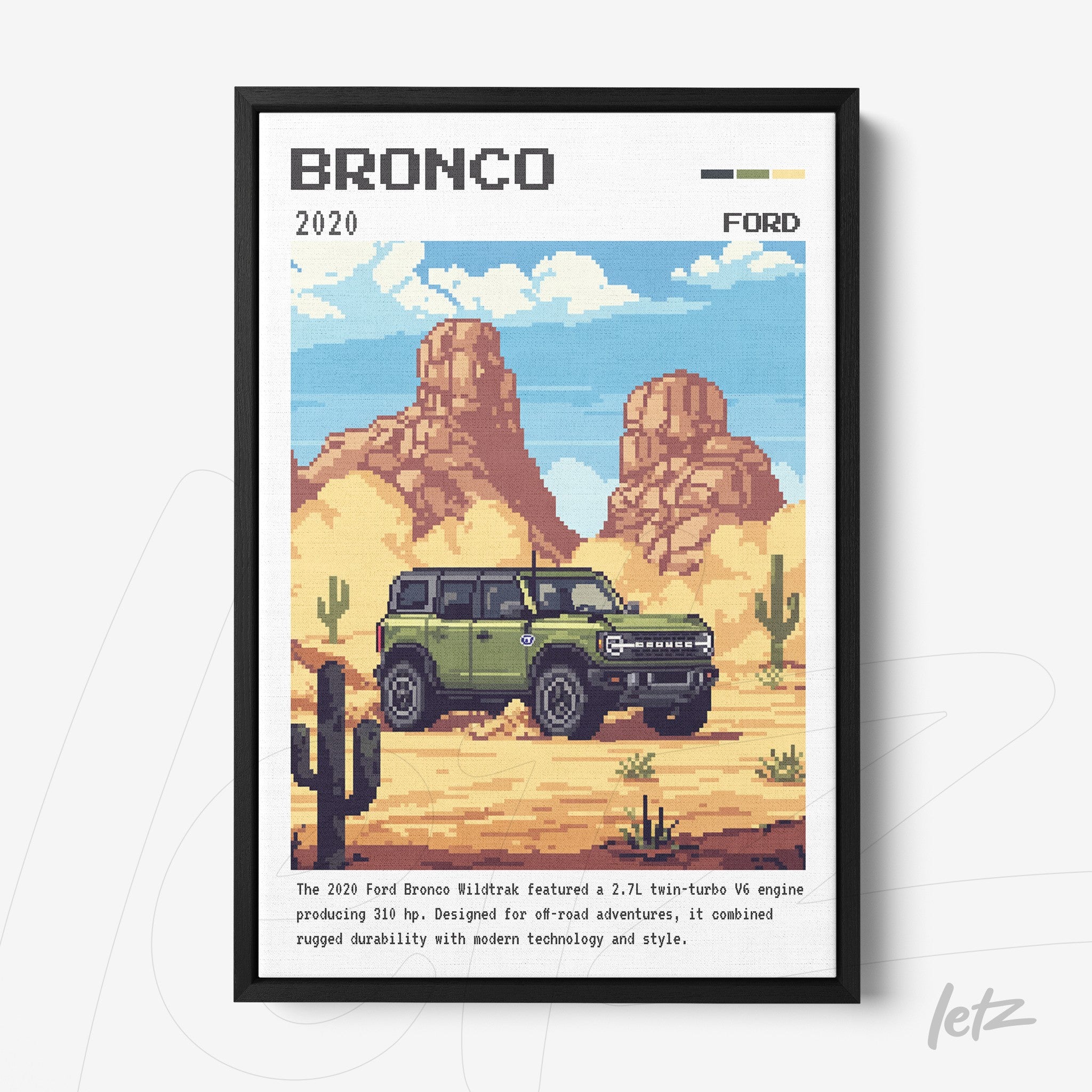 quadro com arte digital do Ford Bronco 2020 em estilo pixelado com moldura preta