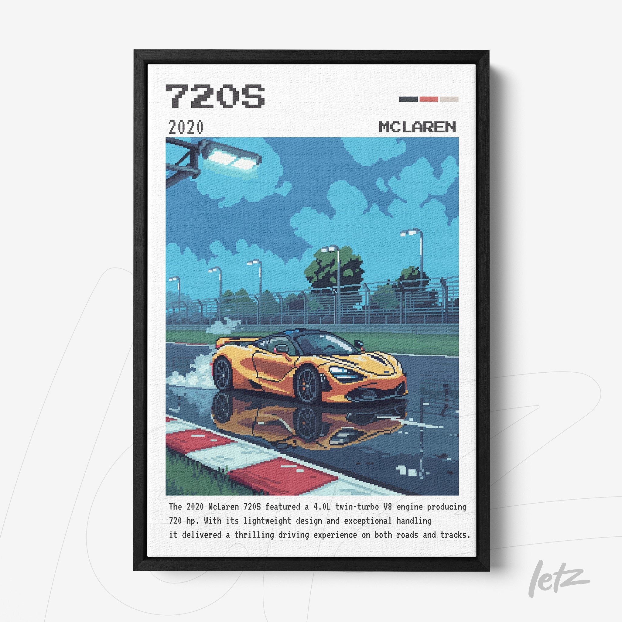 quadro emoldurado com arte digital de um McLaren 720S em ambiente de pista de corrida, destacando o carro amarelo ao lado de poças refletindo a luz