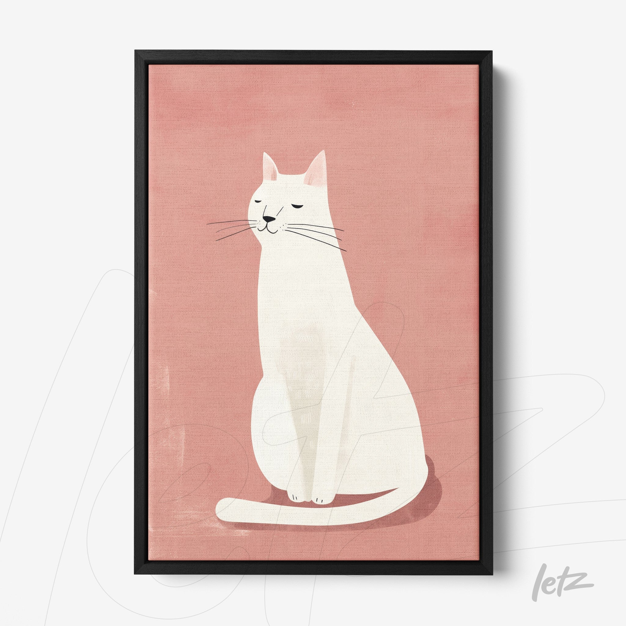 quadro com ilustração minimalista de gato branco em fundo rosa com moldura preta