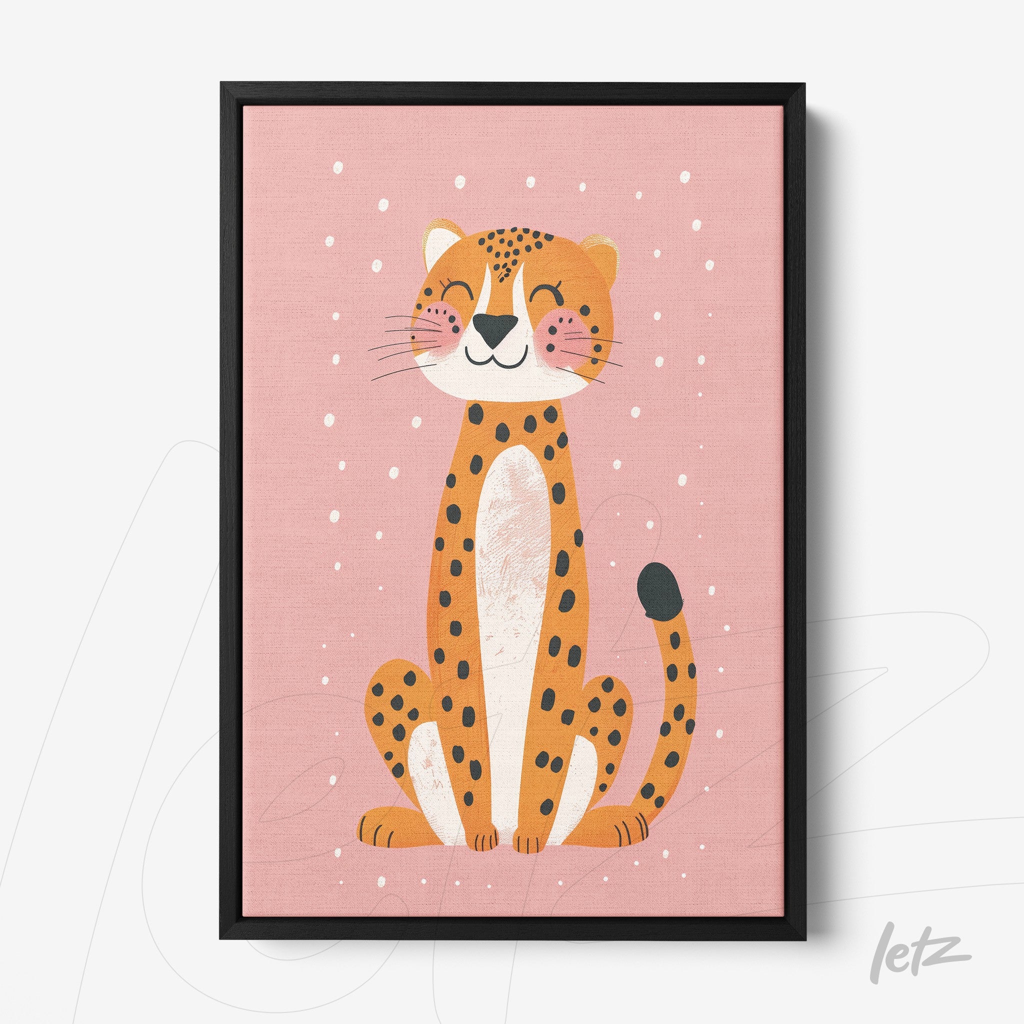 quadro com ilustração de leopardo sorridente em fundo rosa com moldura preta