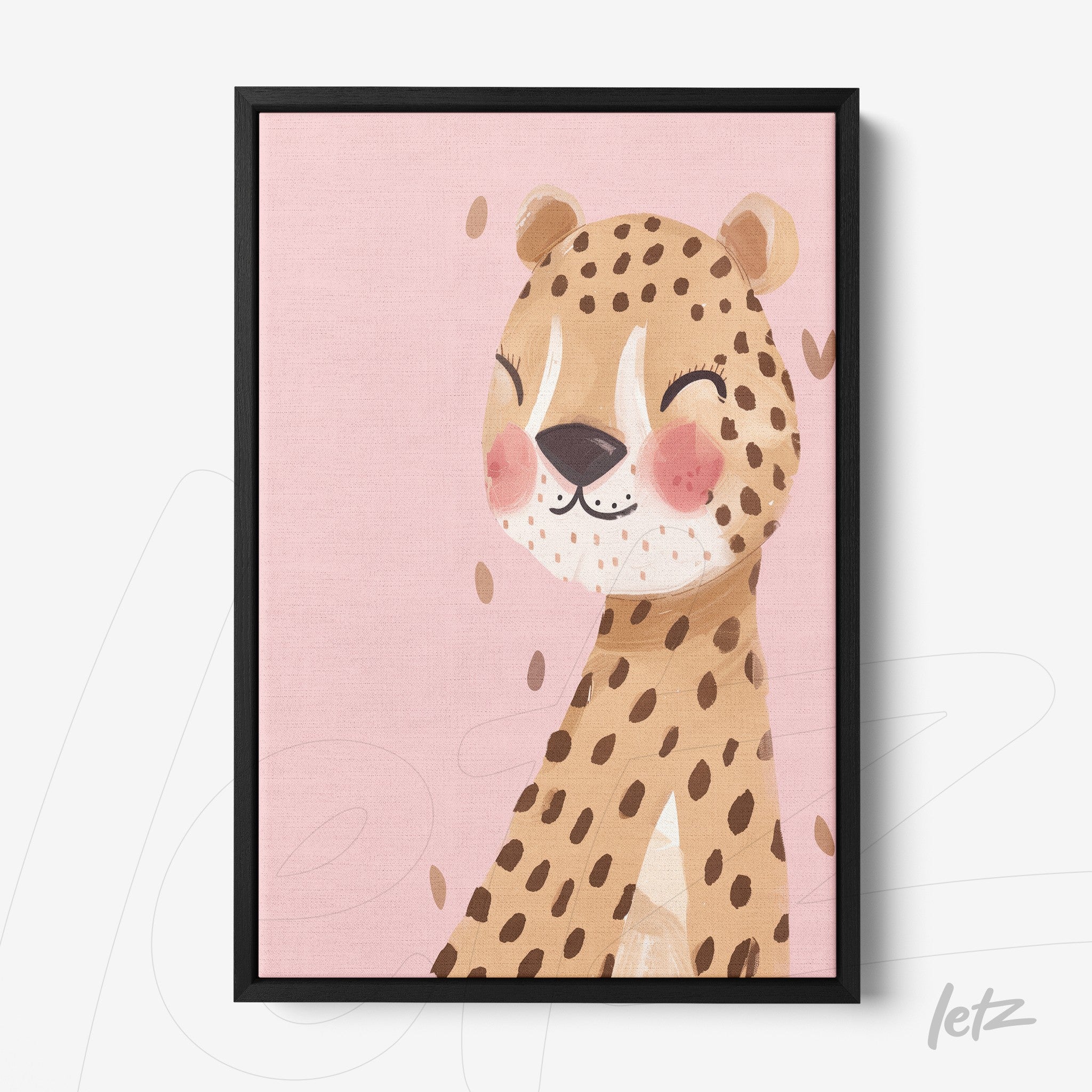 quadro com ilustração de um leopardo sorridente em fundo rosa em moldura preta