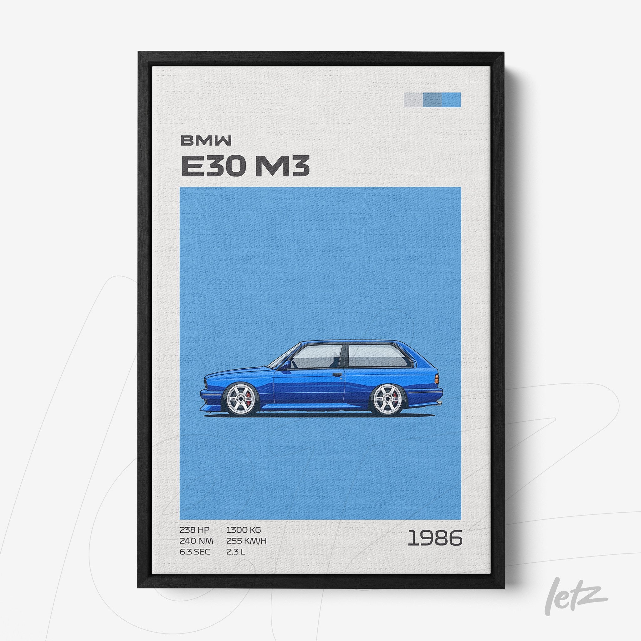 quadro com arte digital de carro BMW E30 M3 em fundo azul