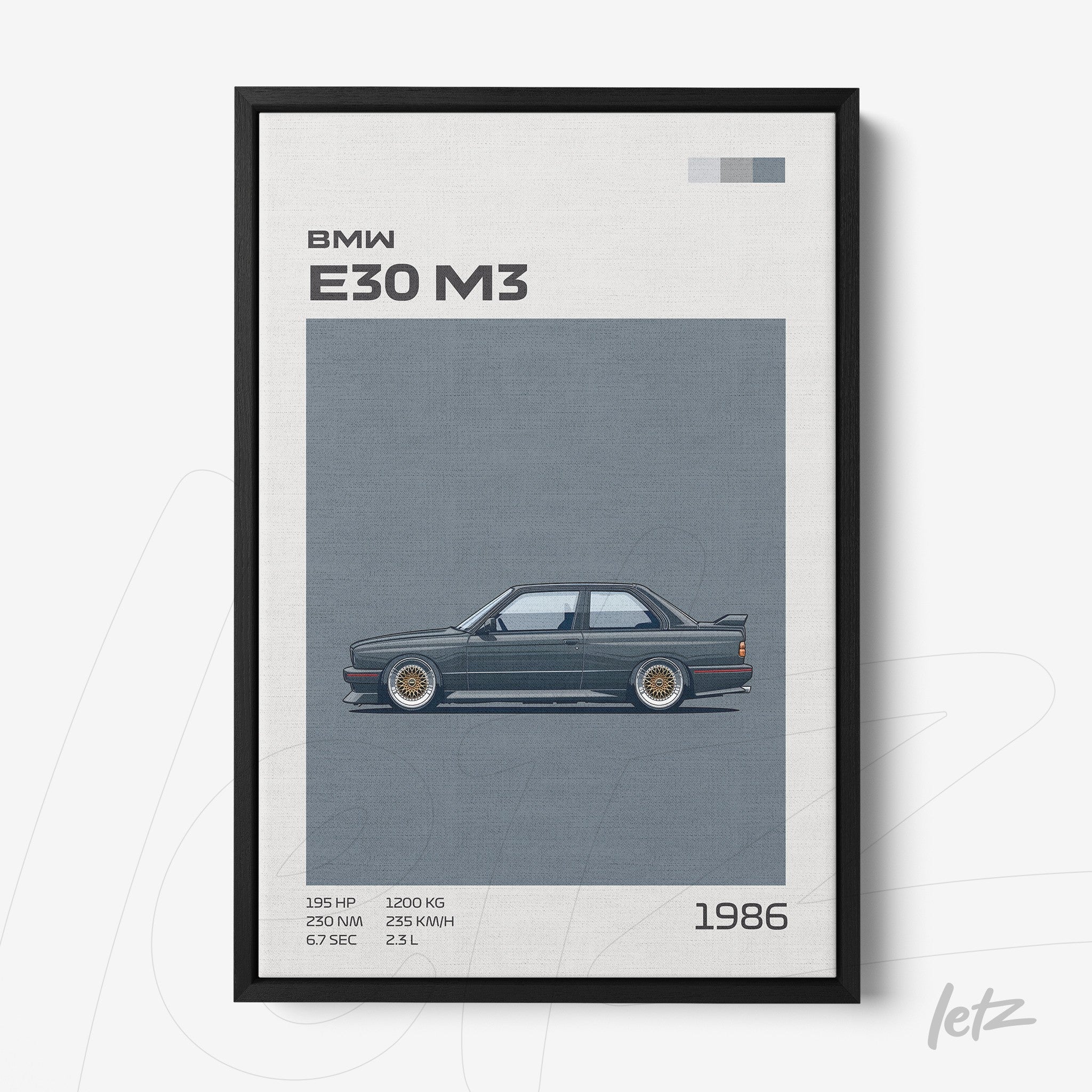 quadro com ilustração do carro esportivo BMW E30 M3 em moldura preta, fundo claro com detalhes em azul e informações em texto