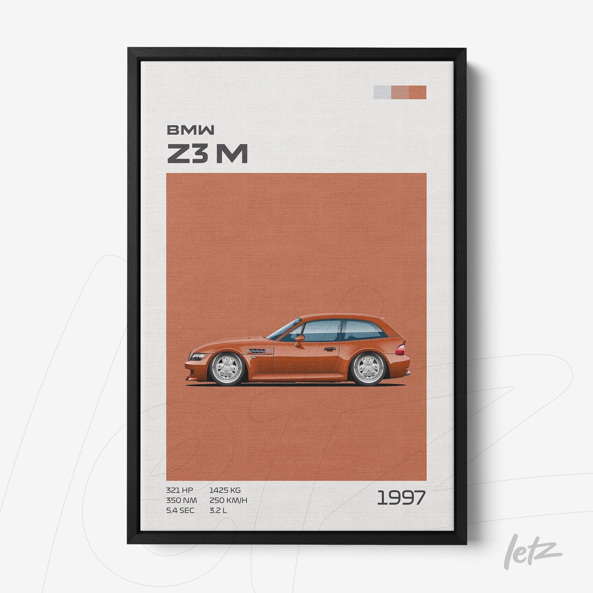quadro com ilustração do carro BMW Z3M de 1997 em moldura preta com fundo texturizado laranja