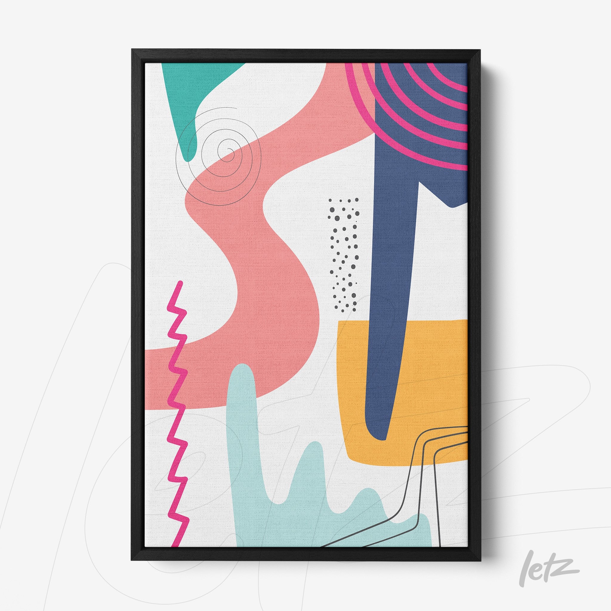 quadro com arte abstrata colorida em traços geométricos com moldura preta fina