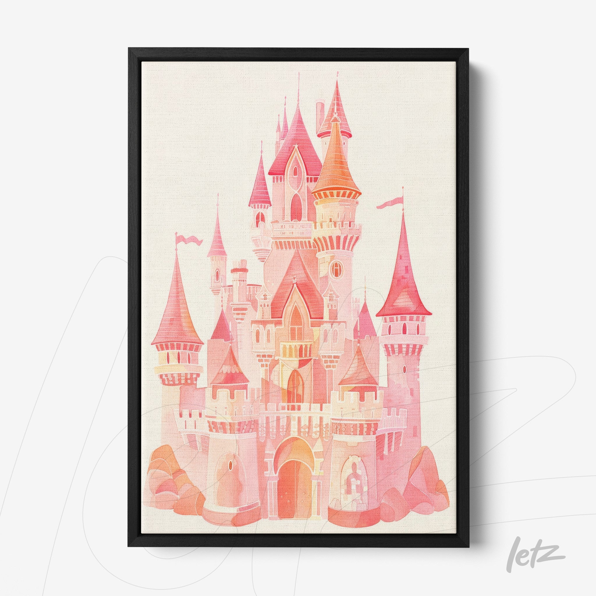 quadro com ilustração de castelo em tons de rosa, moldura preta fina sobre fundo claro